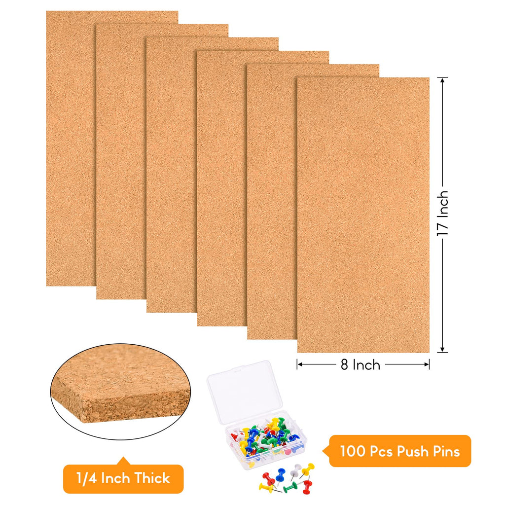 TUPARKA 6 Pack Cork Board Bulletin Boards 17"x8" - 1/4" Self-Adhesive Corkboards With 100 Push Pins for Wall, Home, School, Office Decorative