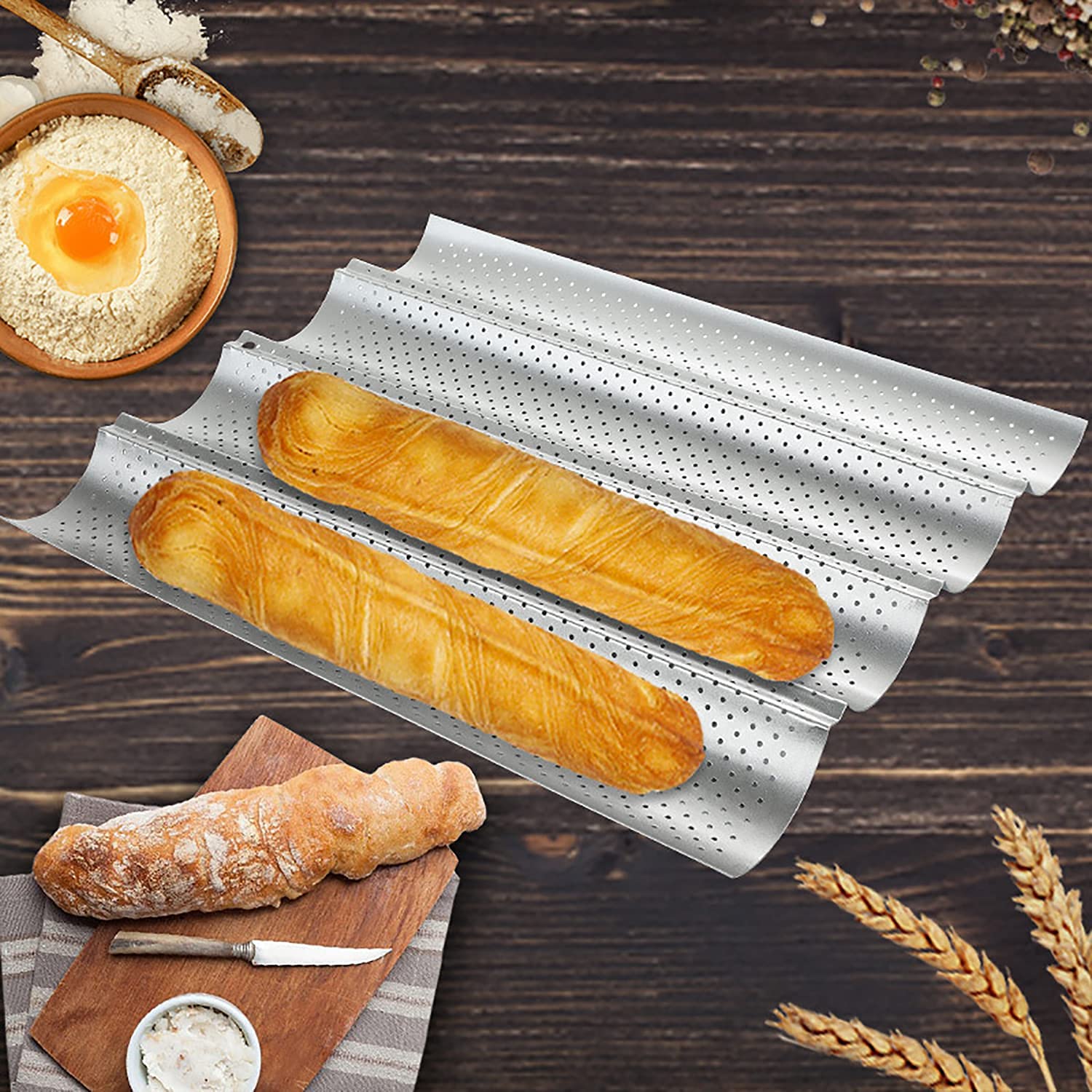 Fasmov 2 Pcs French Bread Baking Pan Nonstick Perforated Baguette Pan 4 Wave Loaves Loaf Bake Mold Toast Cooking Bakers Molding