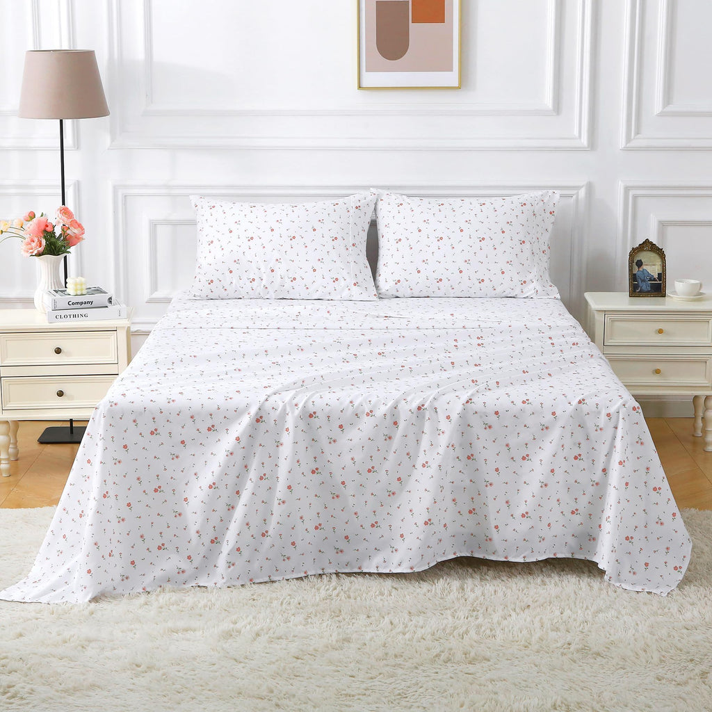 Softan Pink Floral Full Sheet Set Printed Sheets Double - 4 Piece Microfiber Patterned Fitted Sheets with 15" Deep Pocket, Cute Pink Flower Sheets with Straps
