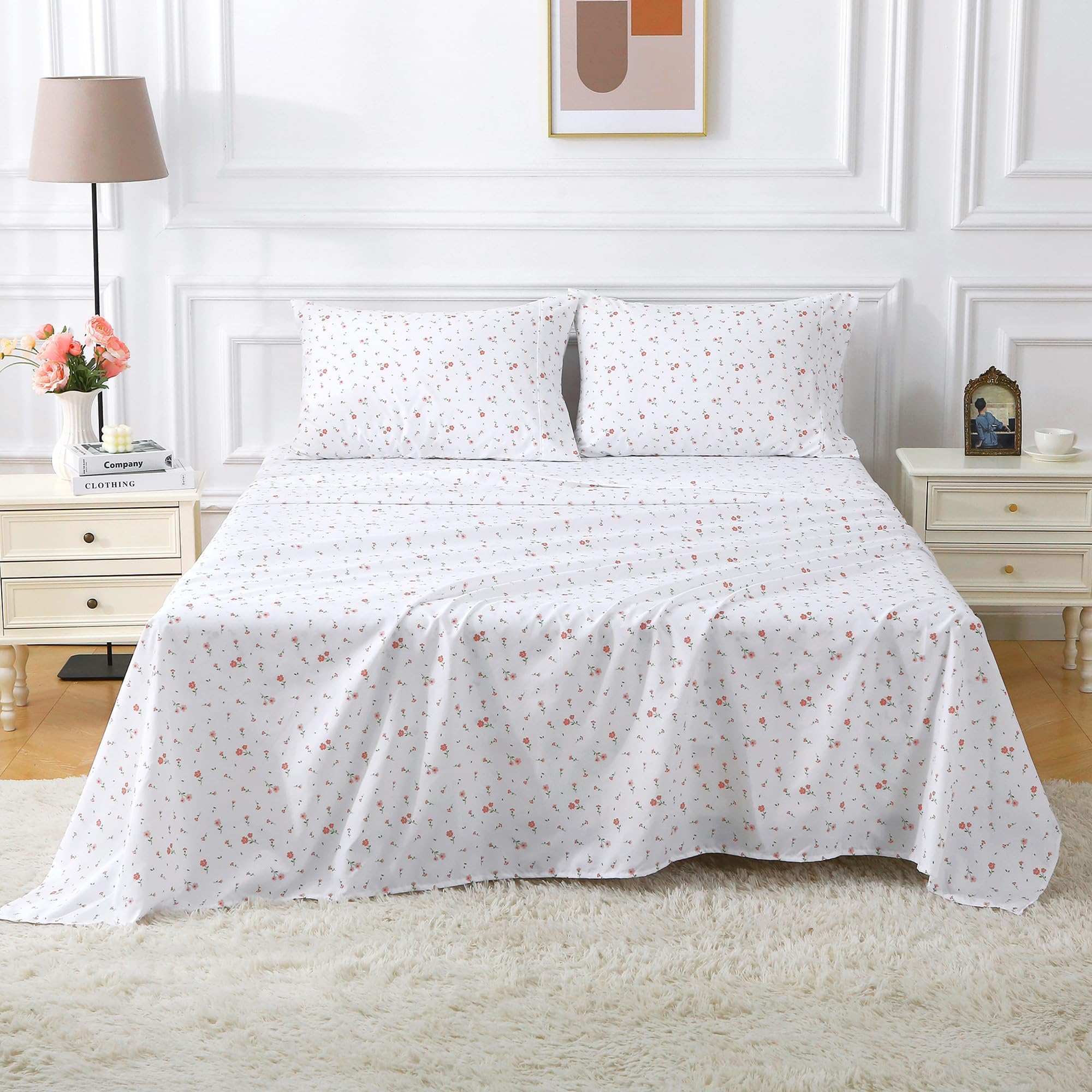 Softan Pink Floral Full Sheet Set Printed Sheets Double - 4 Piece Microfiber Patterned Fitted Sheets with 15" Deep Pocket, Cute Pink Flower Sheets with Straps