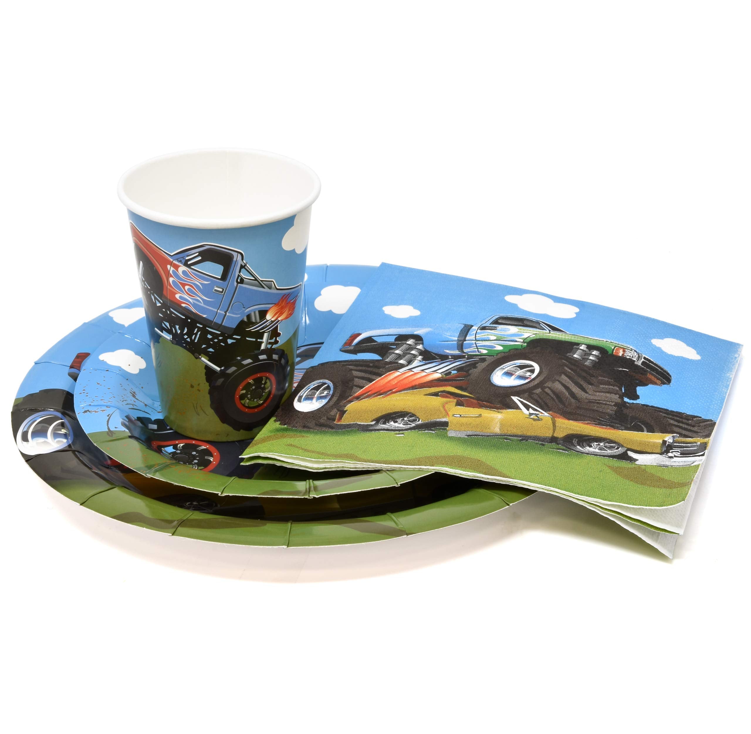 Monster Truck Party Supplies Tableware Set 24 9" Paper Plates 24 7" Dessert Plate 24 9 Oz Cups 50 Lunch Napkins for Monster Jam Racing Car Grave Digger Monsters Trucks Disposable Birthday Decorations
