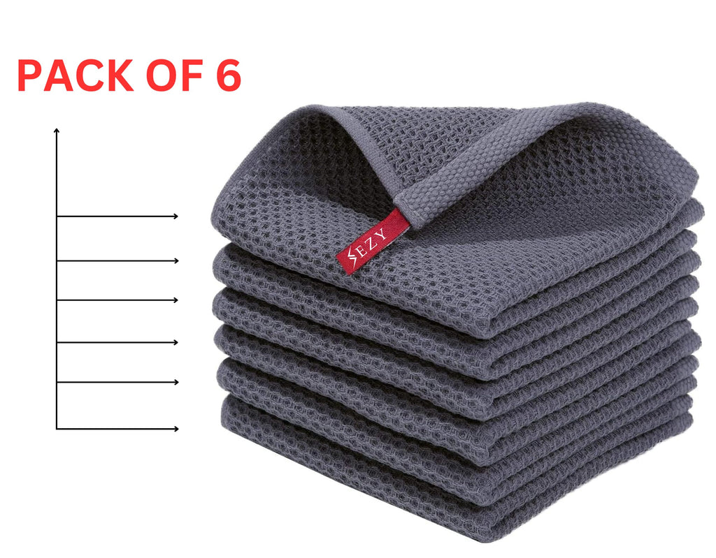 Sezy Kitchen Towels 100% Pure Cotton, Pack of 6, Highly Absorbent Super Soft Kitchen Towels, Waffle Weave Dish Cloths for Kitchen Washing Up, Quick Drying Durable Kitchen Cloth