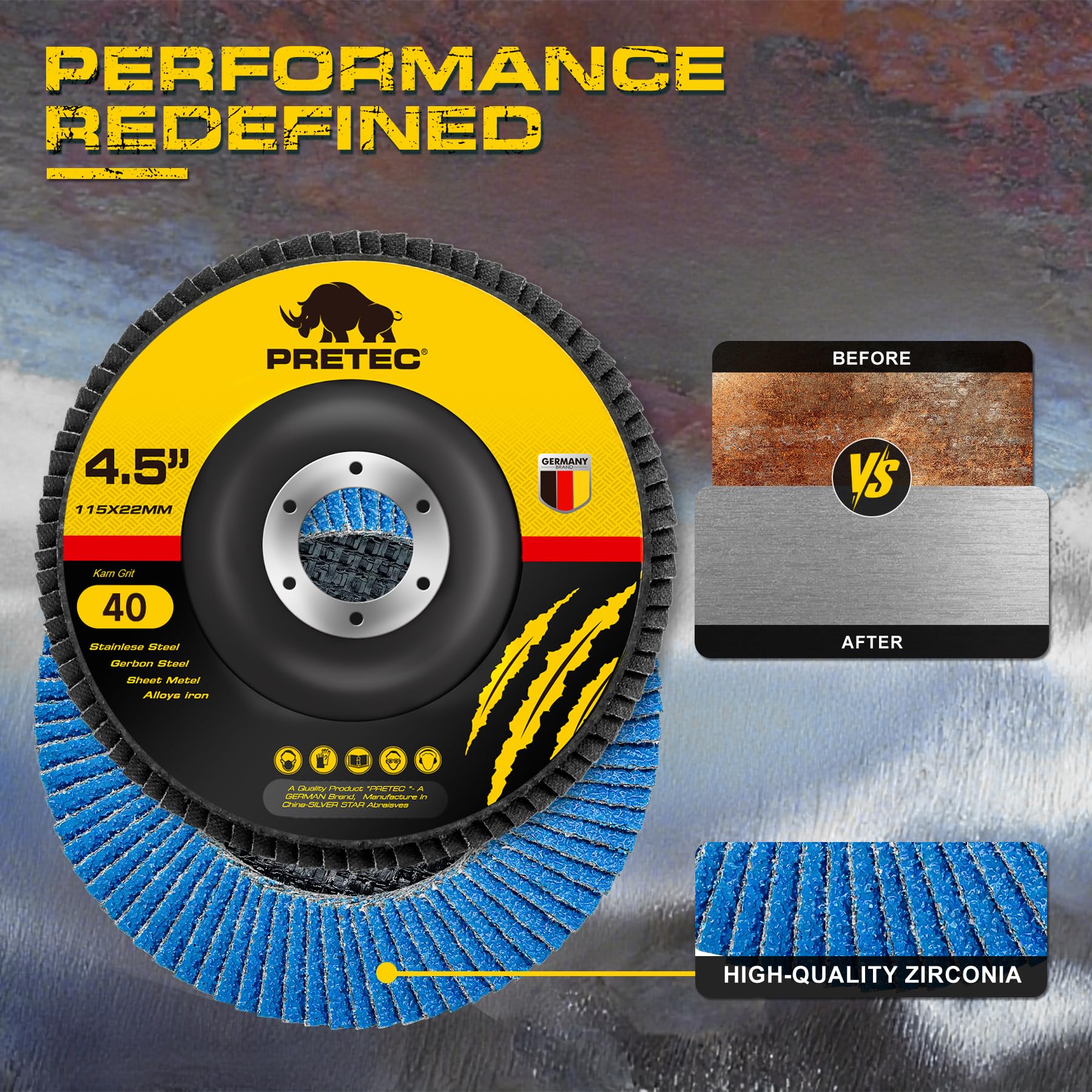 PRETEC Flap Discs 4 1/2 for Angle Grinder, 12 Pcs Flap Discs 40 Grit, 4.5" x 7/8" High Density Zirconia Type 27 Flap Sanding Disc for Grinding, Rust Removal, Sanding and Finishing - 12 Packs