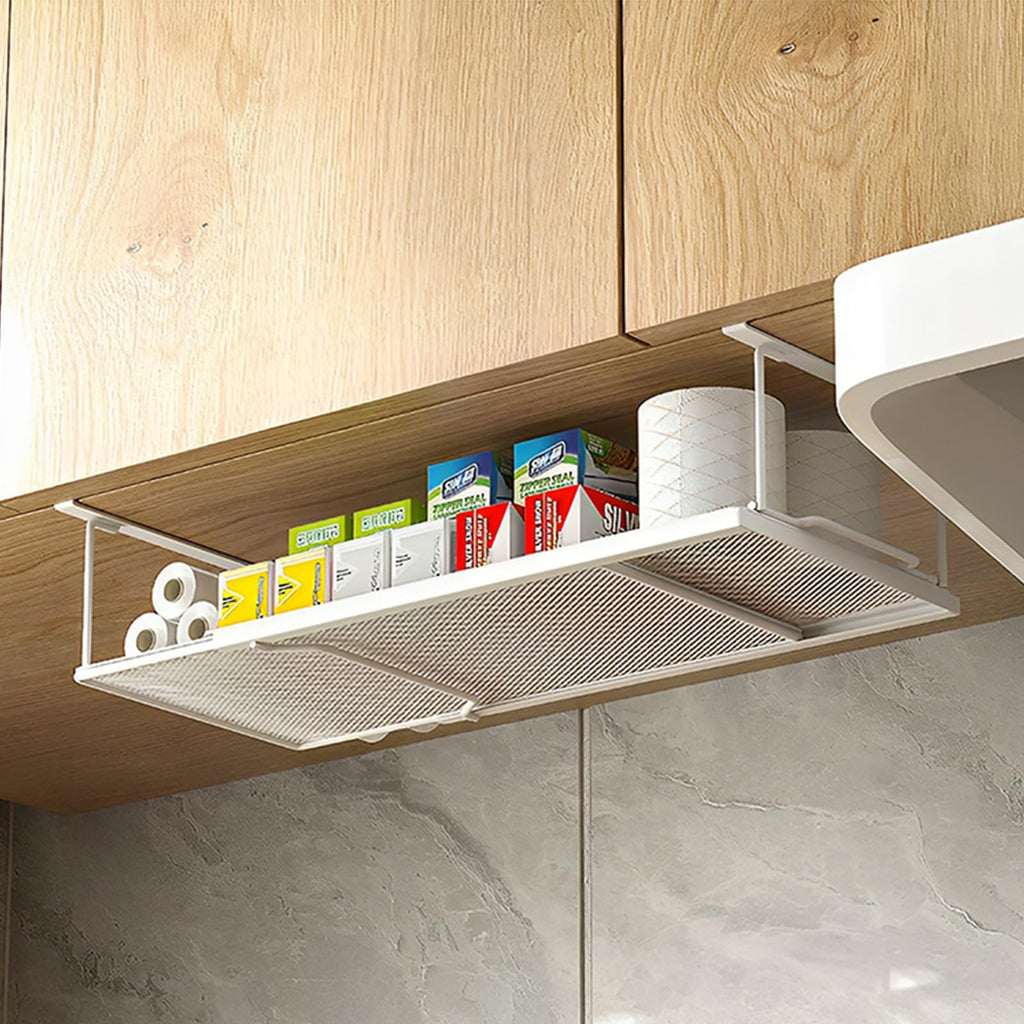 Metal Under Shelf Basket White, Expandable Under Cabinet Organizer, Easy No-Drill Installation, Sturdy Hanging Storage for Kitchen, Cabinet, Desk, Pantry, Shoe Rack, Pack of 1, 4-Inch Height, White
