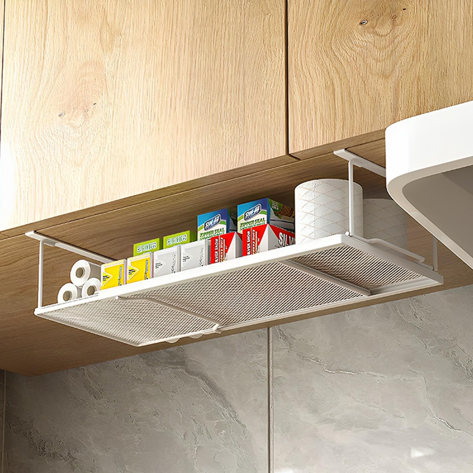 Metal Under Shelf Basket White, Expandable Under Cabinet Organizer, Easy No-Drill Installation, Sturdy Hanging Storage for Kitchen, Cabinet, Desk, Pantry, Shoe Rack, Pack of 1, 4-Inch Height, White