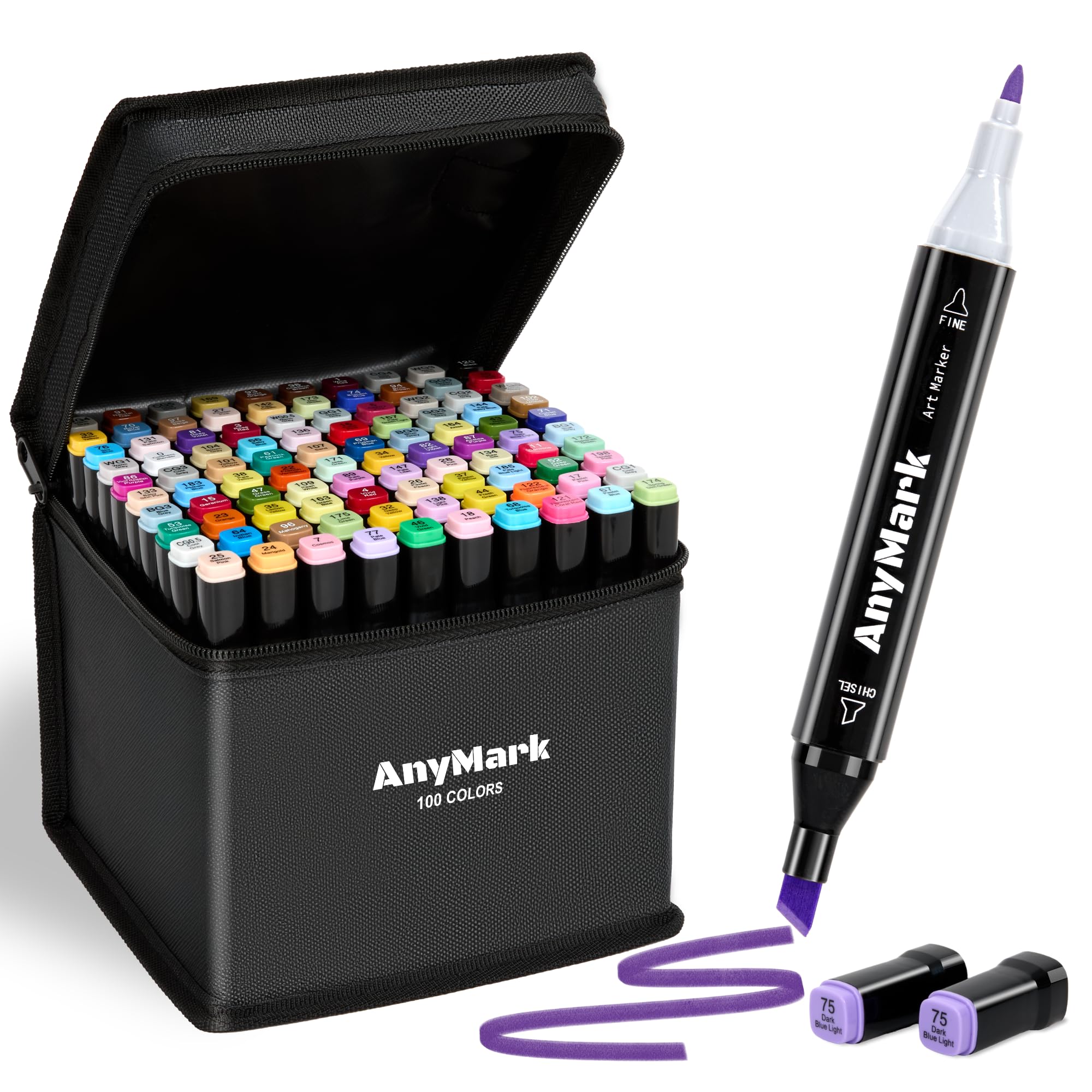 AnyMark Alcohol Markers, 100 Colors Alcohol Markers Set, Dual Tips Alcohol-Based Art Markers for Adult Drawing Coloring Sketch, Chisel & Fine Tips, Black Penholder