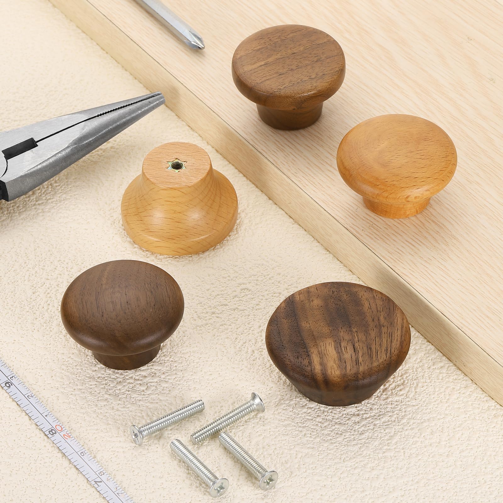 uxcell 6Pcs Round Wood Drawer Knob, 1 5/8" Diameter Flat Head Dresser Knobs Wooden Knobs with Screws for Furniture Drawer Dresser Wardrobe Cupboard, Walnut