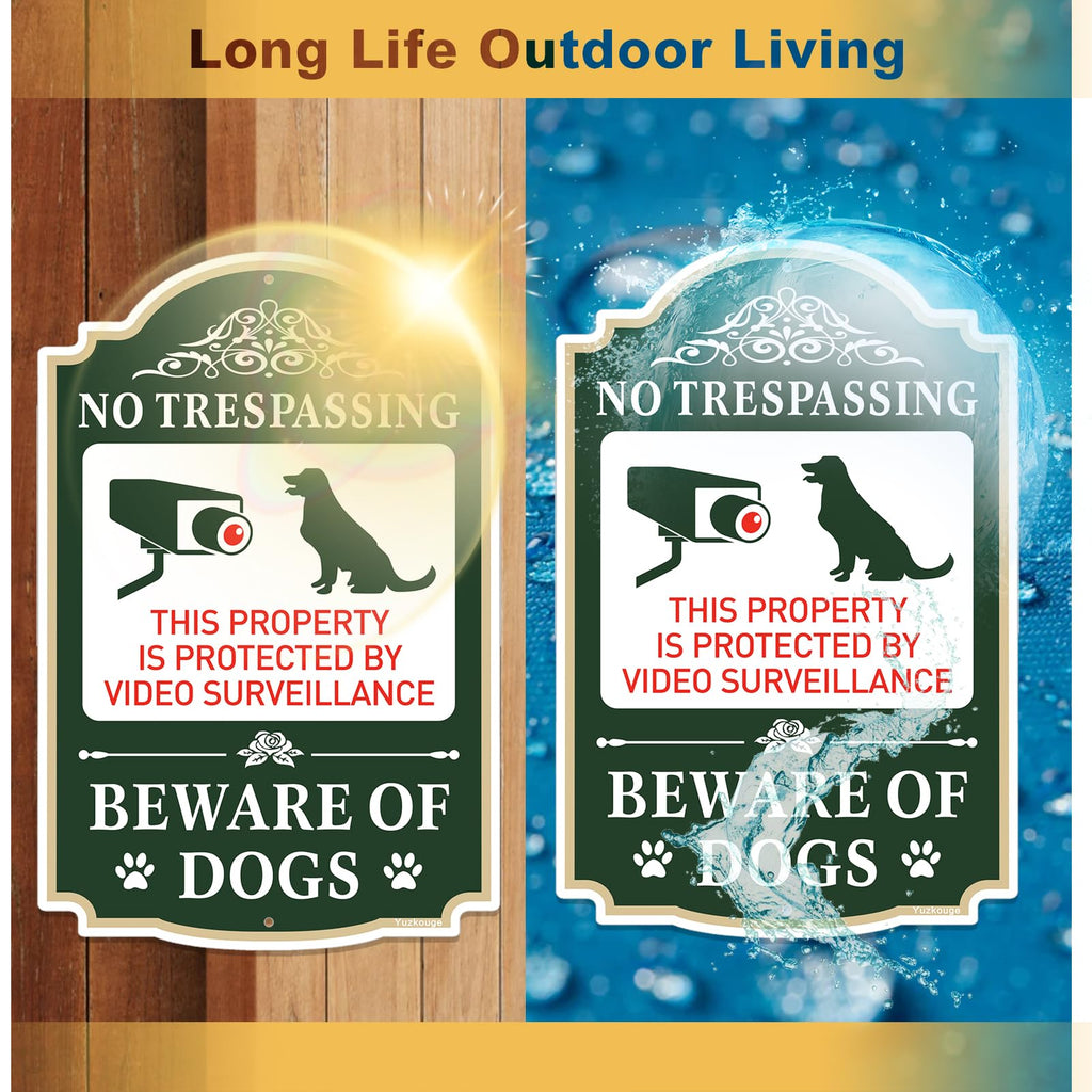 Yuzkouge No Trespassing Beware of Dogs Sign - 2 Pack, 12” x 8” Rust Free Aluminum Private Property Sign, Weatherproof, Fade Resistant, Easy Mounting.