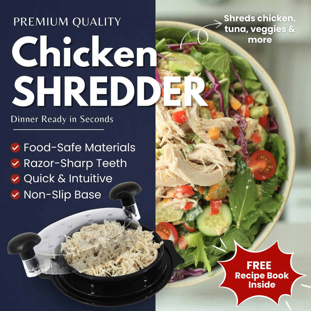 Chicken Shredder Large with Bonus: Free Salad Recipe Book – Chicken Shredder Tool with Middle Plate for Easier Use – BPA-Free and Dishwasher Safe, Ergonomic Handle, Razor-Sharp Teeth, Non-Slip Base