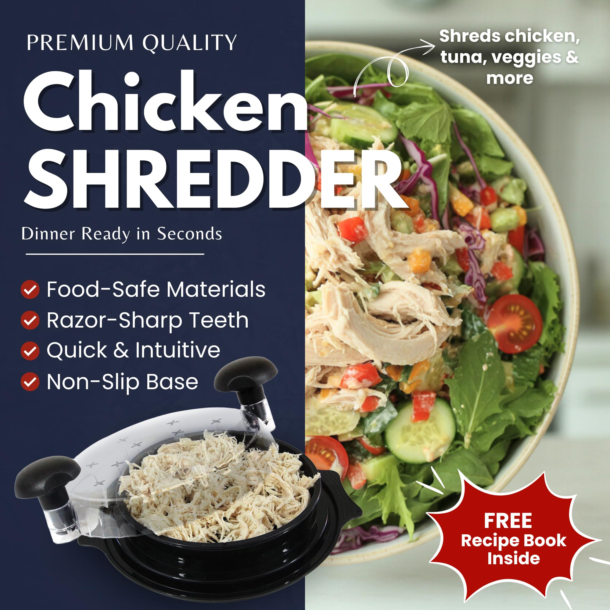 Chicken Shredder Large with Bonus: Free Salad Recipe Book – Chicken Shredder Tool with Middle Plate for Easier Use – BPA-Free and Dishwasher Safe, Ergonomic Handle, Razor-Sharp Teeth, Non-Slip Base