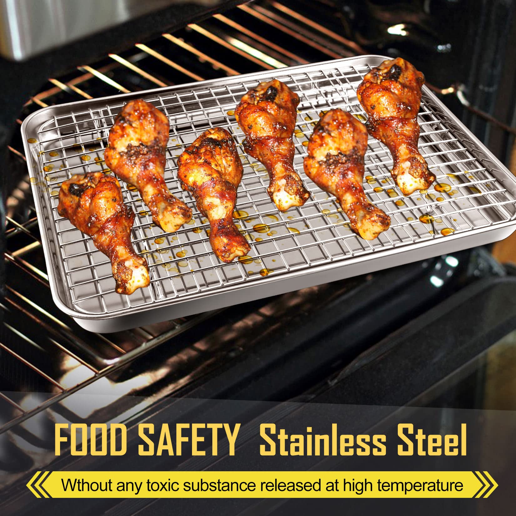 12.5 Inch Baking Pan with Rack Set, Joyfair Quarter Stainless Steel Toaster Oven Tray with Cooling Rack for Cookies/Meats/Bacon, Heavy Duty & Commercial Grade, Mirror Finish & Dishwasher Safe
