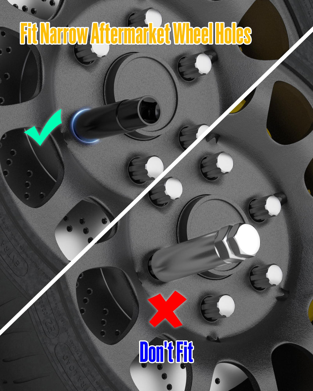 7 Spline Lug Nut Key, 1/2" Drive Impact Socket Fit for M14x1.5 M14x2.0 9/16-18 Aftermarket Lugnuts, Thin Walled Design Spline Socket for Easy Removal or Install Truck Nuts, CR-MO Steel
