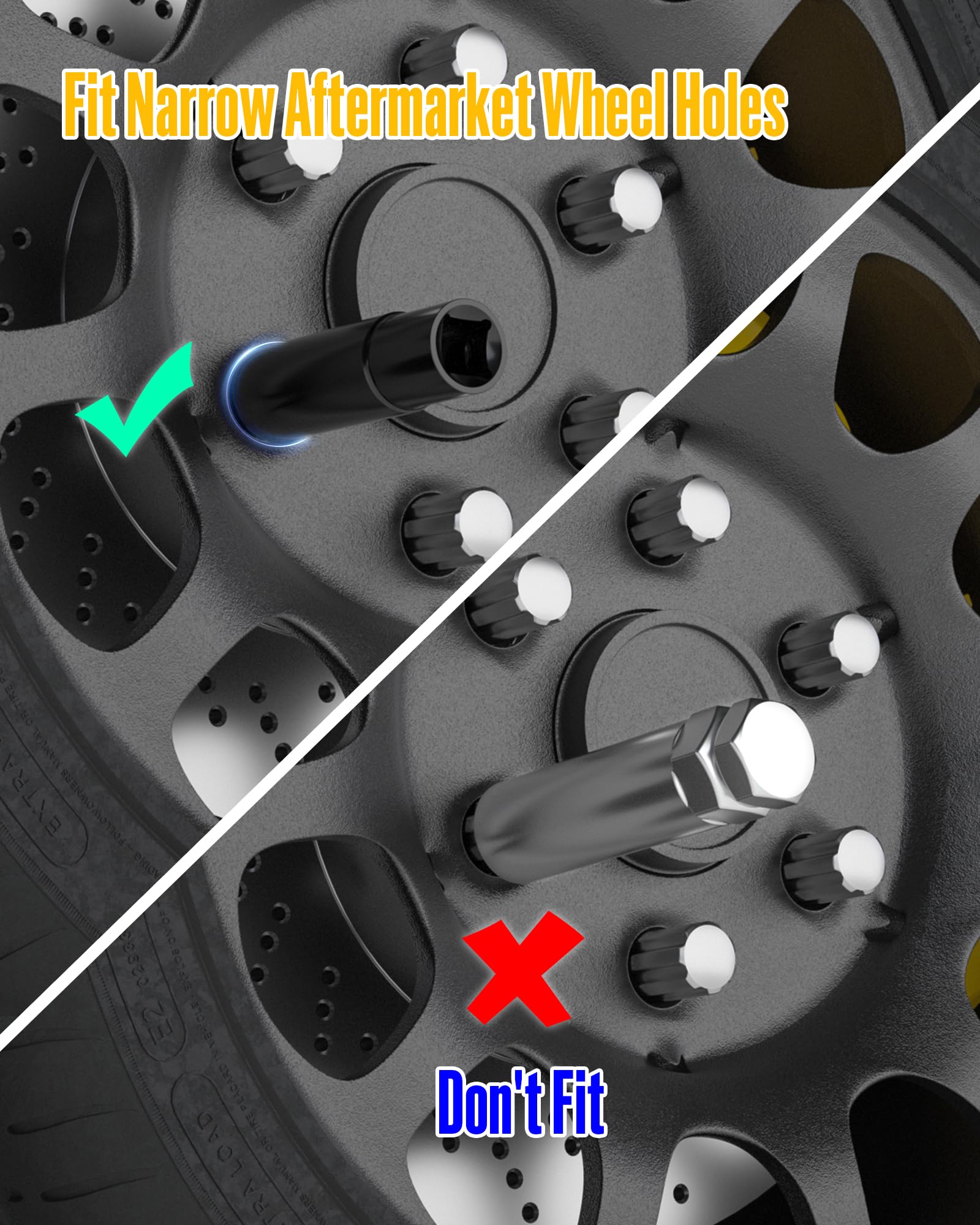 7 Spline Lug Nut Key, 1/2" Drive Impact Socket Fit for M14x1.5 M14x2.0 9/16-18 Aftermarket Lugnuts, Thin Walled Design Spline Socket for Easy Removal or Install Truck Nuts, CR-MO Steel
