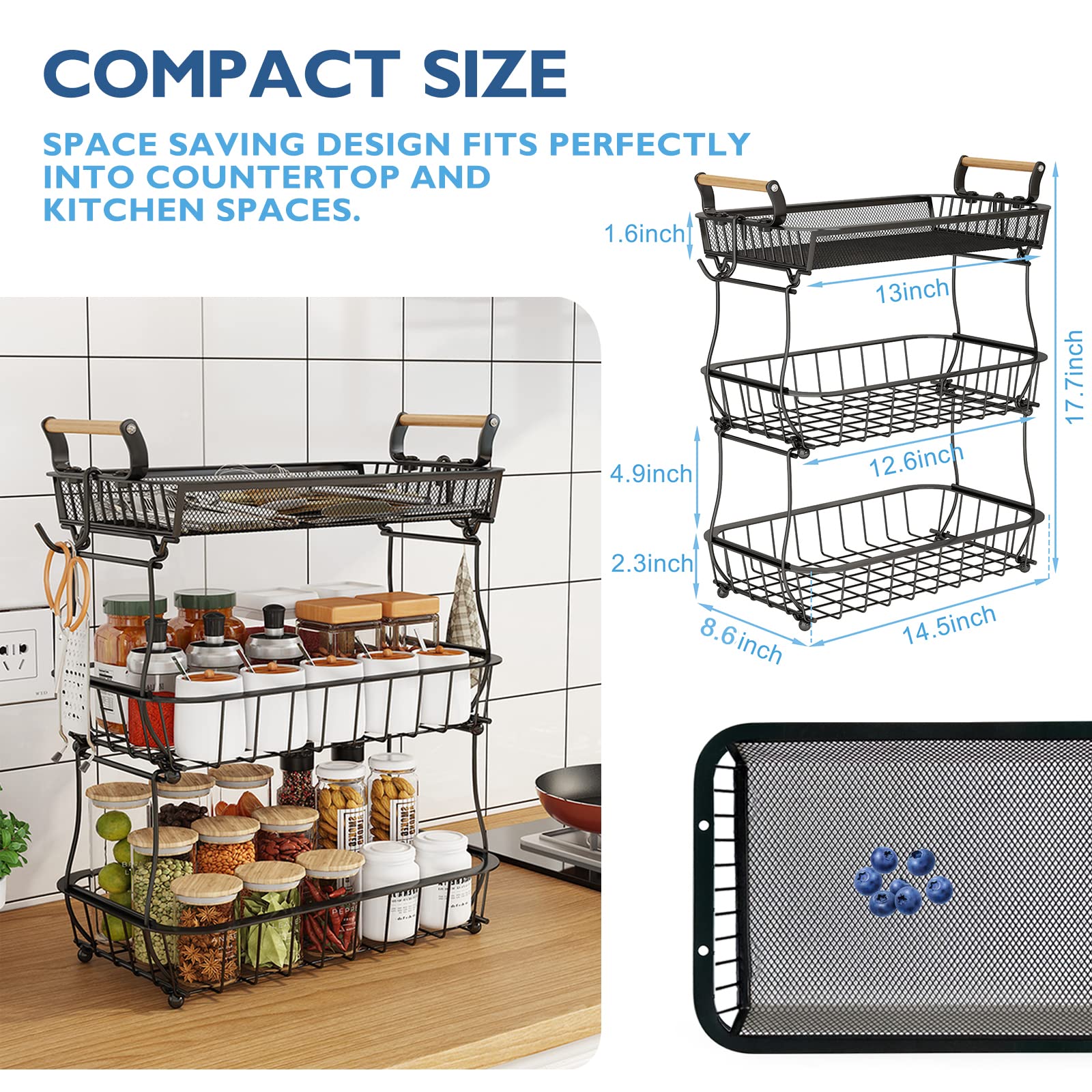 ANTOPY 3 Tier Fruit Basket with 2 Banana Hangers, Countertop Vegetable Bowl for Kitchen Counter Metal Mesh Fruits Stand Produce Holder Organizer Onion Potato Bread Snack Veggie, Black BP209
