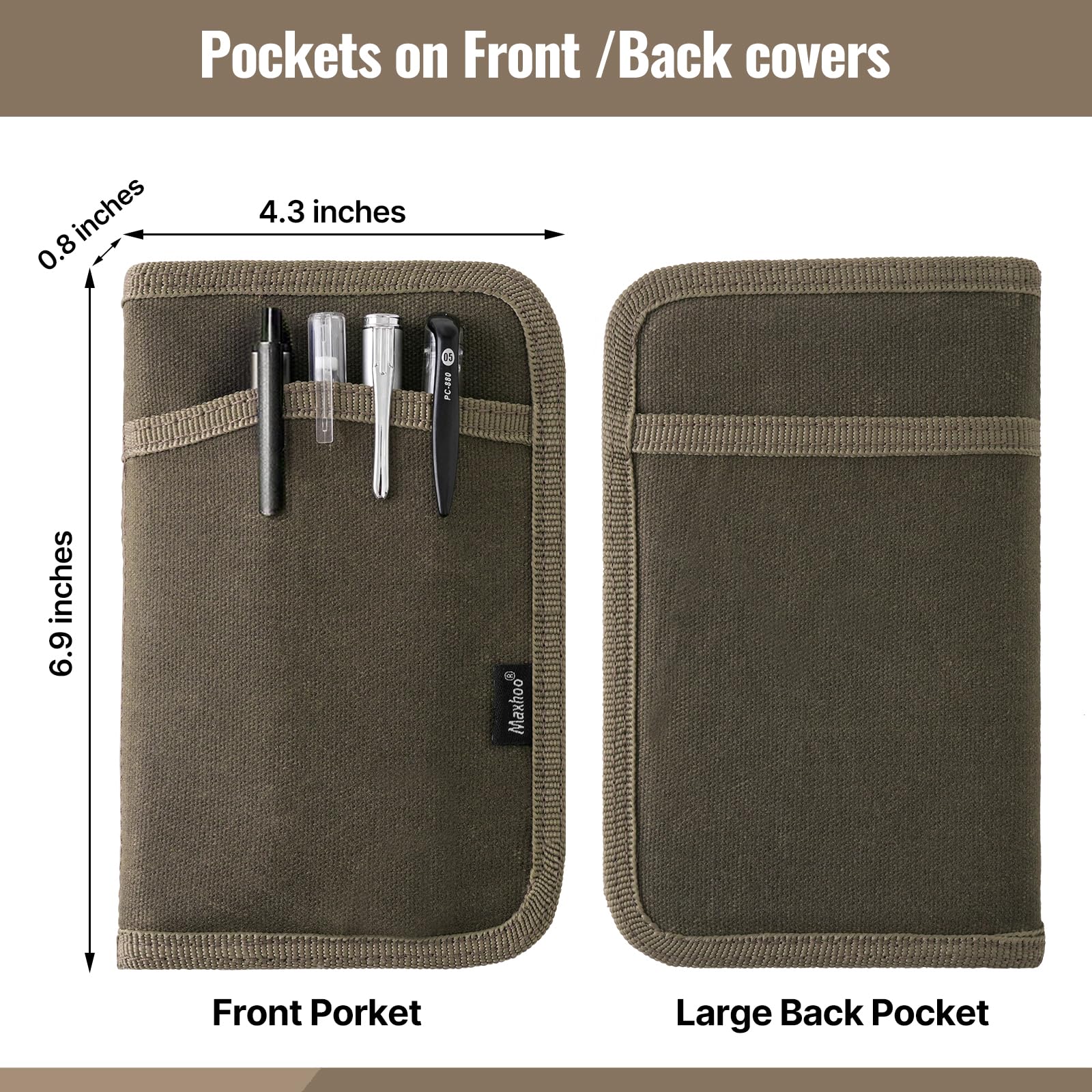 Maxhoo Journal Cover for Field Notes & Moleskine Cahier 3.5 x 5.5, Waxed Canvas Notebook Planner Sketchbook Cover with Zipper Pen Holder (Olive)