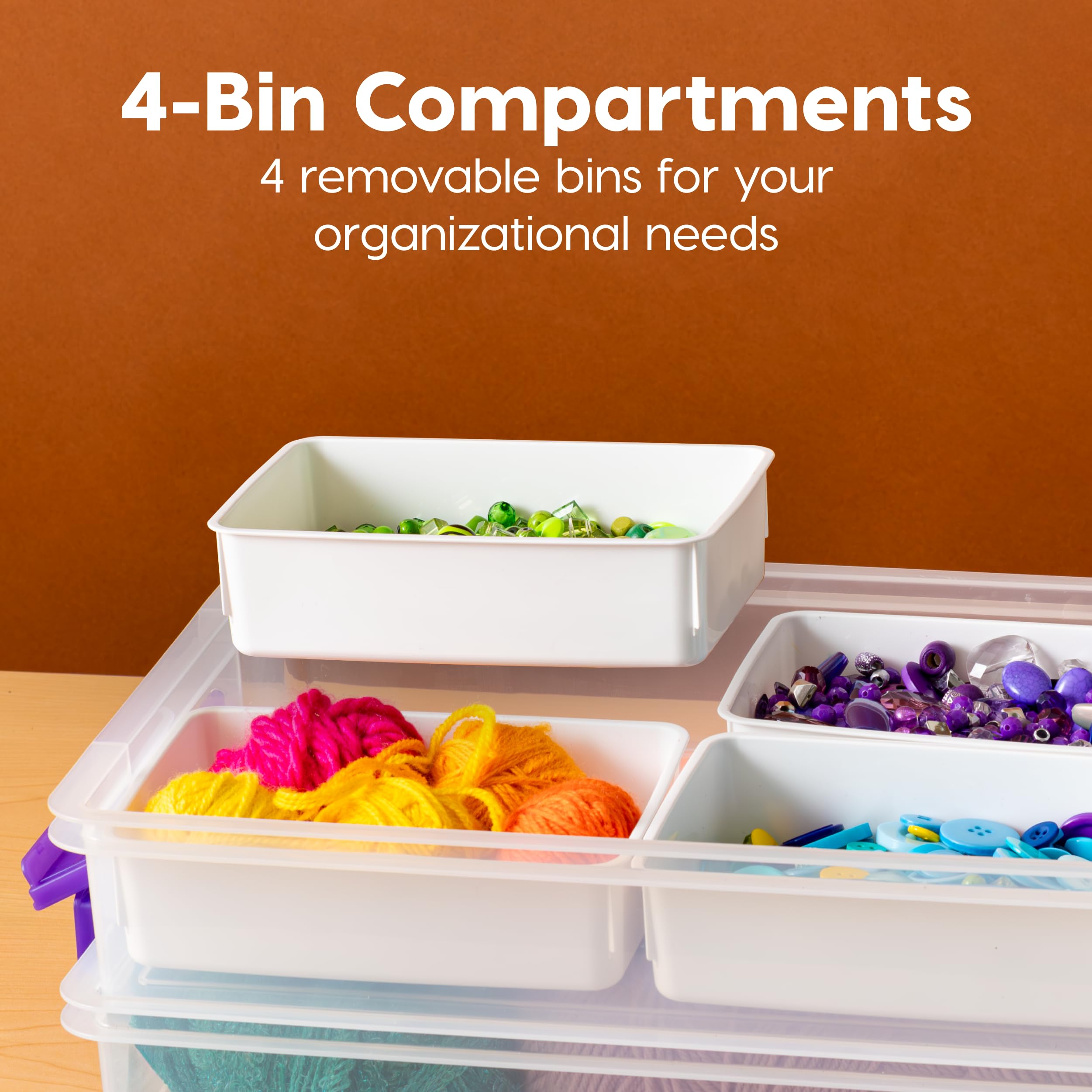 IRIS USA 8.9 L (9.4 US Qt) Large 2-Layer Portable Stack and Carry Storage Bin with Buckle-Up Lid, 4 Removable Dividers, for Arts Crafts Supplies Stationery Medicine Play-Doh Nail Polish, Clear/Violet
