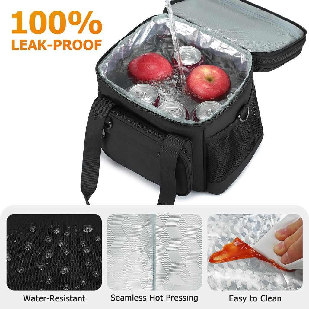 VRUCUZ Mens Lunch Bag for Work, 15L Expandable Insulated Lunch Box, Large Lunchbag for Men with Adjustable Shoulder Strap, Double Deck Adult Lunchbox Boite a Lunch Homme, Black