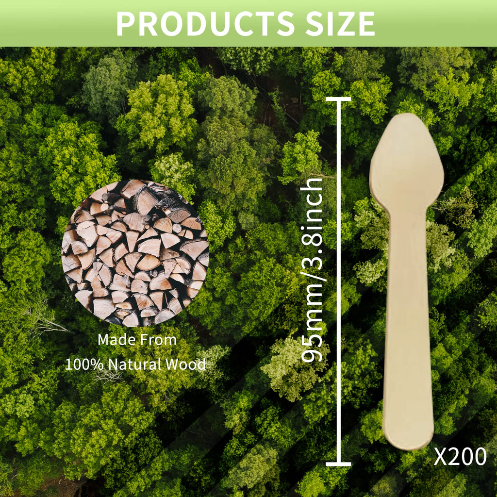 Mini Ice Cream Wooden Spoons 200 Counts, 3.8" Disposable Wooden Spoons Yogurt Dessert Tasting Sampling Spoons, Small Wooden Spoons, 100% Biodegradable, Compostable and Eco Friendly