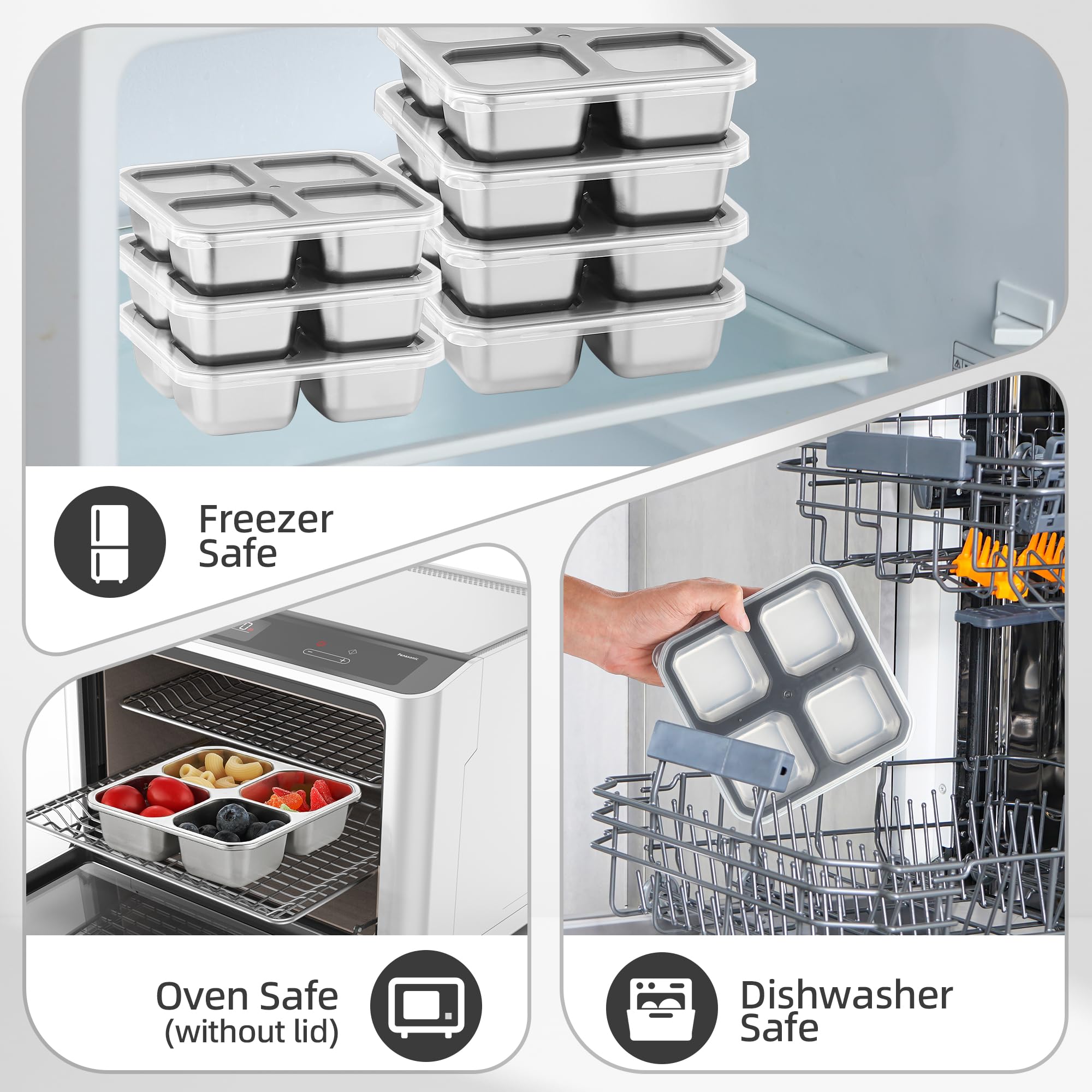 BEFOY 4 Pack Stainless Steel Snack Containers with Lids 4 Compartment Food Storage Containers for Adults & Kids Meal Prep Containers Reusablele (grey, 2)