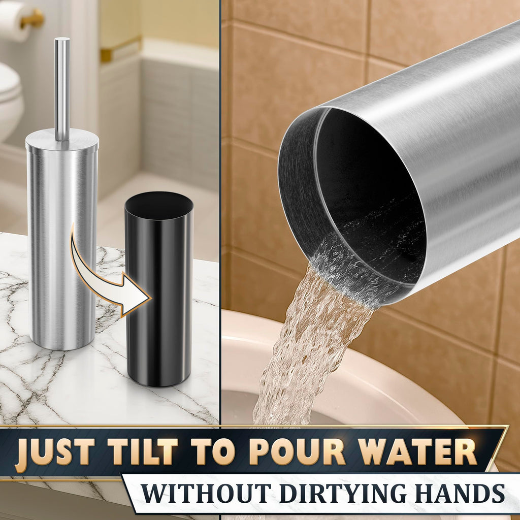 Stylish Stainless Steel Toilet Brush and Holder Set - Silver Toilet Bowl Brush and Holder with Splash Cover, Sturdy Bristles, Corrosion & Scratch Resistant - Elegant Design, Effective Deep Cleaning