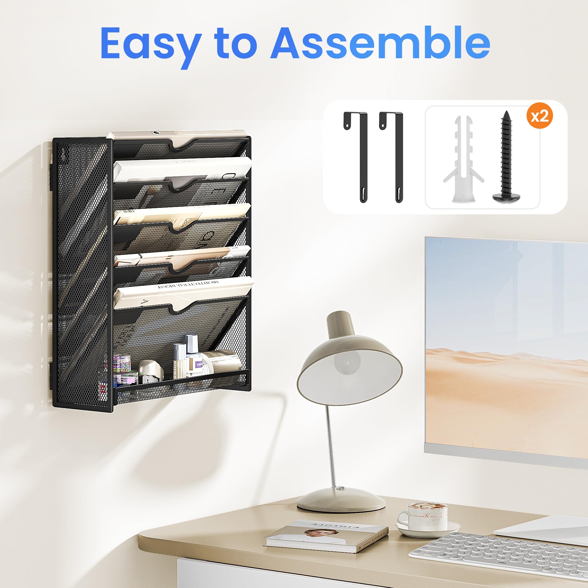 SUBEKYU File Organiser, 6-Tier A4 Wall Mounted Magazine File Holder for Mails Folders Papers, Vertical Document Organiser for Office Home - Black