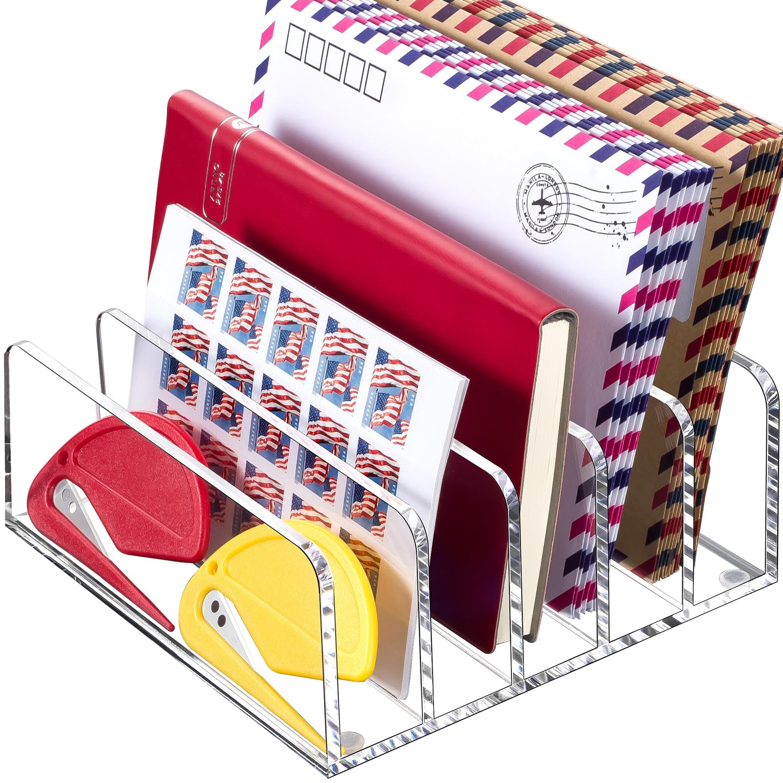 BEYGORM Acrylic Mail Holder, Clear Multifunction Desk Organizer with Divider, Vertical Letter Sorter for Desktop, 5 Compartments Modern Office Home Envelope Organizer for Bill, Document, Folder