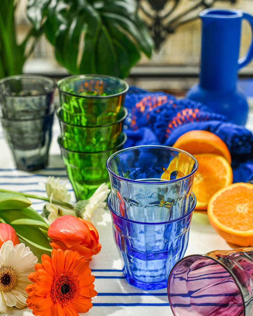 Duralex Le Picardie Collection| Water Glass, Juice and Soda and Cocktail 25 cl, 4 Colours Green Blue Purple Grey| Set of 4, Heavy Duty Glass, Dishwasher Safe, Made in France