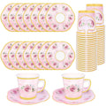 Pink Floral Disposable Paper Tea Cups and Plates Set of 100 with Gold Rim for Hot and Cold Drinks for Wedding, Birthday, Baby Shower, Tea Party, Tea Party Supplies for 50