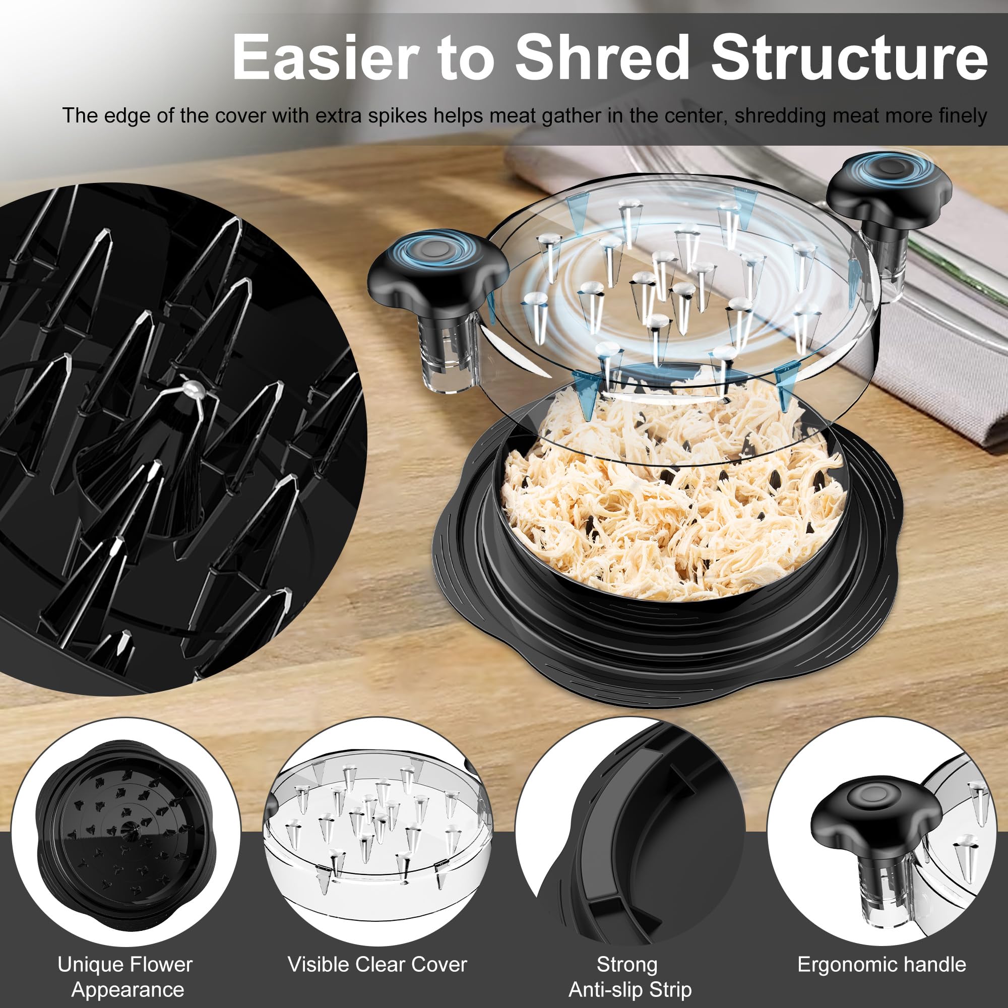 Chicken Shredder Tool Twist Large Chicken Breast Shredder with Brush&Fork, Visible Meat Shredder Machine, Strong Anti-Slip Strip, Ergonomic Handle, BPA Free, Suitable for Pork Beef Chicken (Black)
