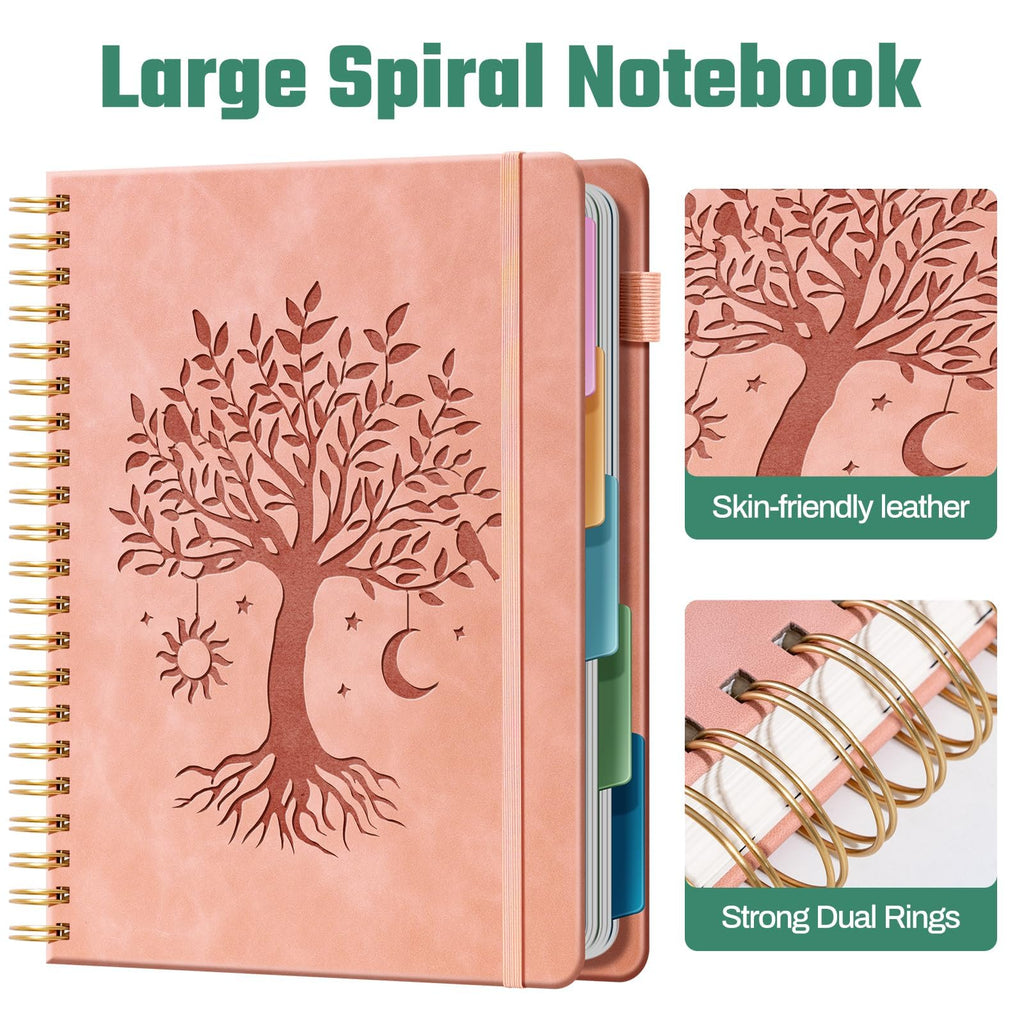 Ovesmusl Hardcover Spiral Notebook 8.5" x 11" with 5 Removable Dividers 300 Pages Leather 5 Subject Notebook College Ruled 100GSM Large Spiral Notebooks for Work Thick Lined Journal for Women, Pink