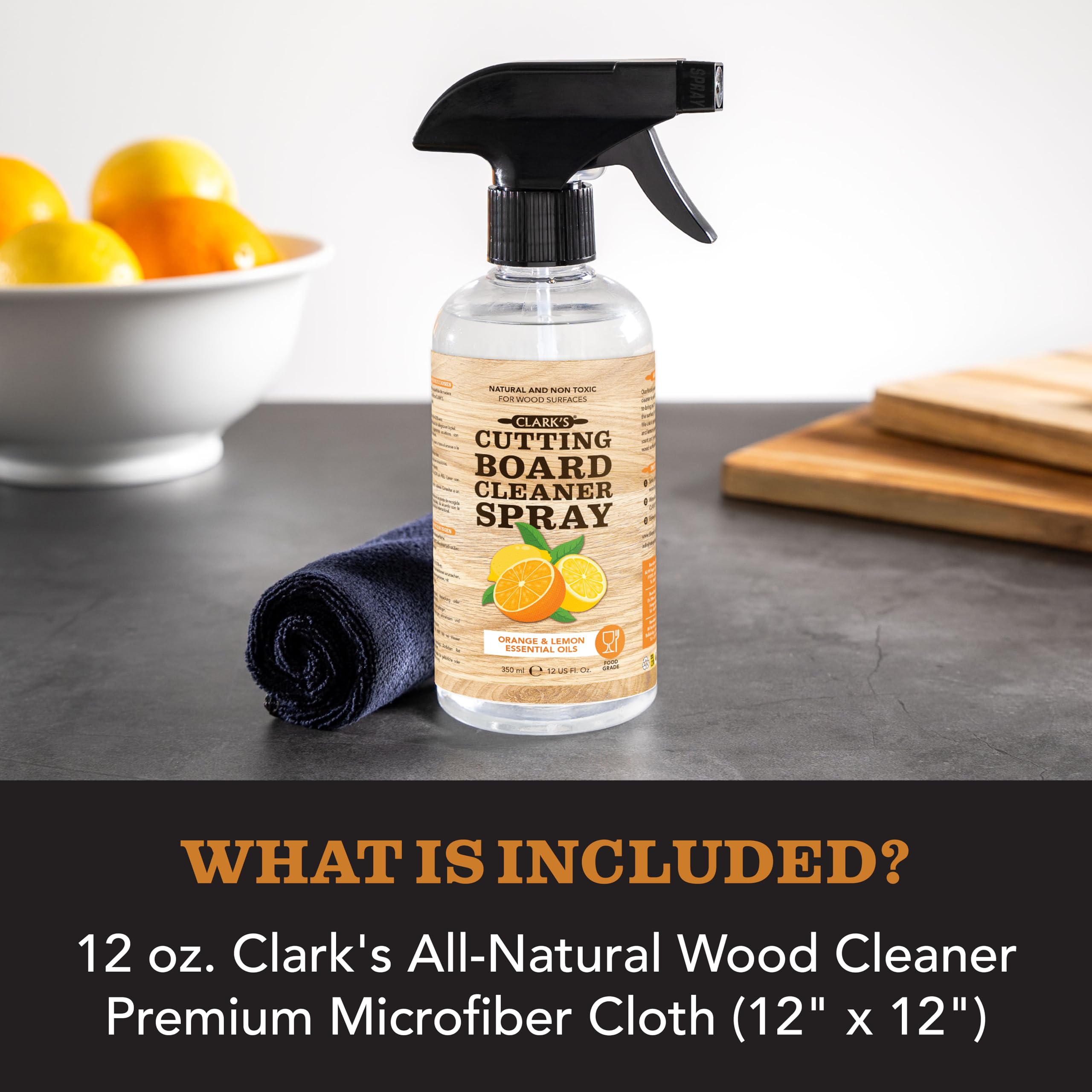 CLARK’S Natural Cutting Board Spray Cleaner with Microfiber Cloth for Wood Countertop – Pure Ingredients Filtered Water, Distilled Vinegar, Castile Soap, Lemon & Orange Citrus Oil Extracts, 12oz