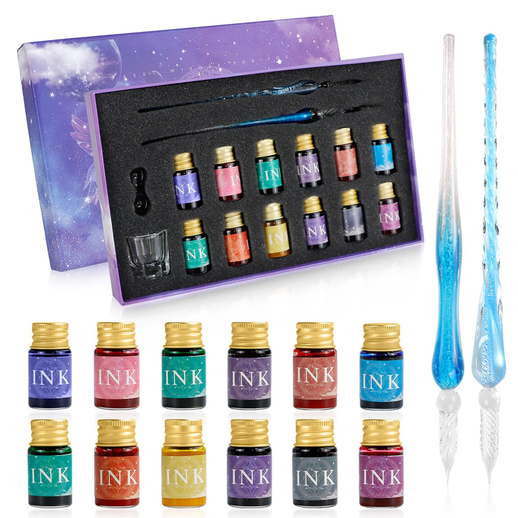 TPBSITNS Glass Dip Pen Ink Set, 12 Colors Calligraphy Ink Set with 2 Crystal Glass Pen, 12 Multicolor Ink, Pen Holder Cleaning Cup Ink Drip Tool for Writing Art Signature Beginners Valentines Day Gift