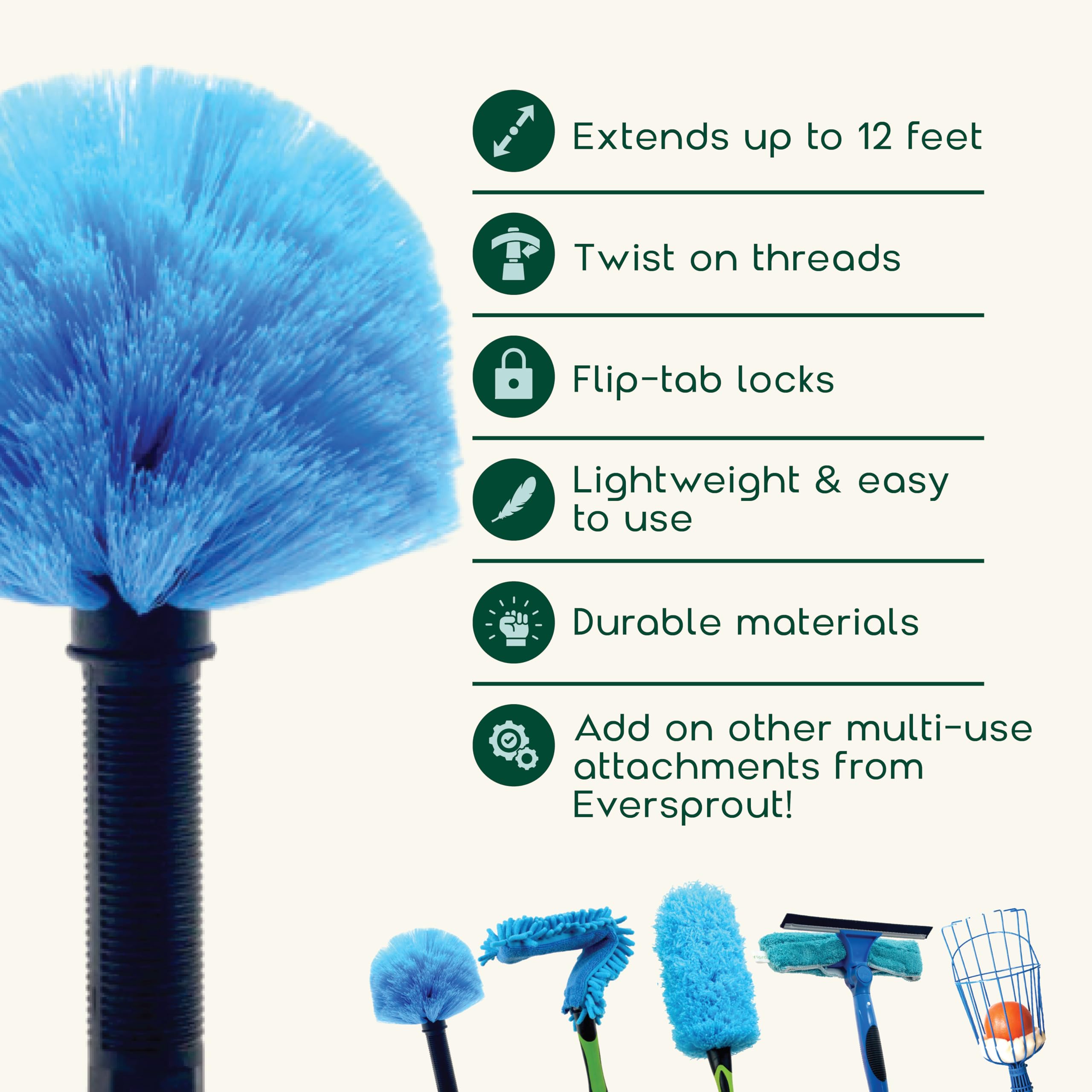 EVERSPROUT Twist-On Cobweb Duster | Hand-Packaged to Protect Bristles | Indoor & Outdoor use Brush Attachment | Fits Standard Threaded Poles | (Pole not Included) (Soft Bristles)