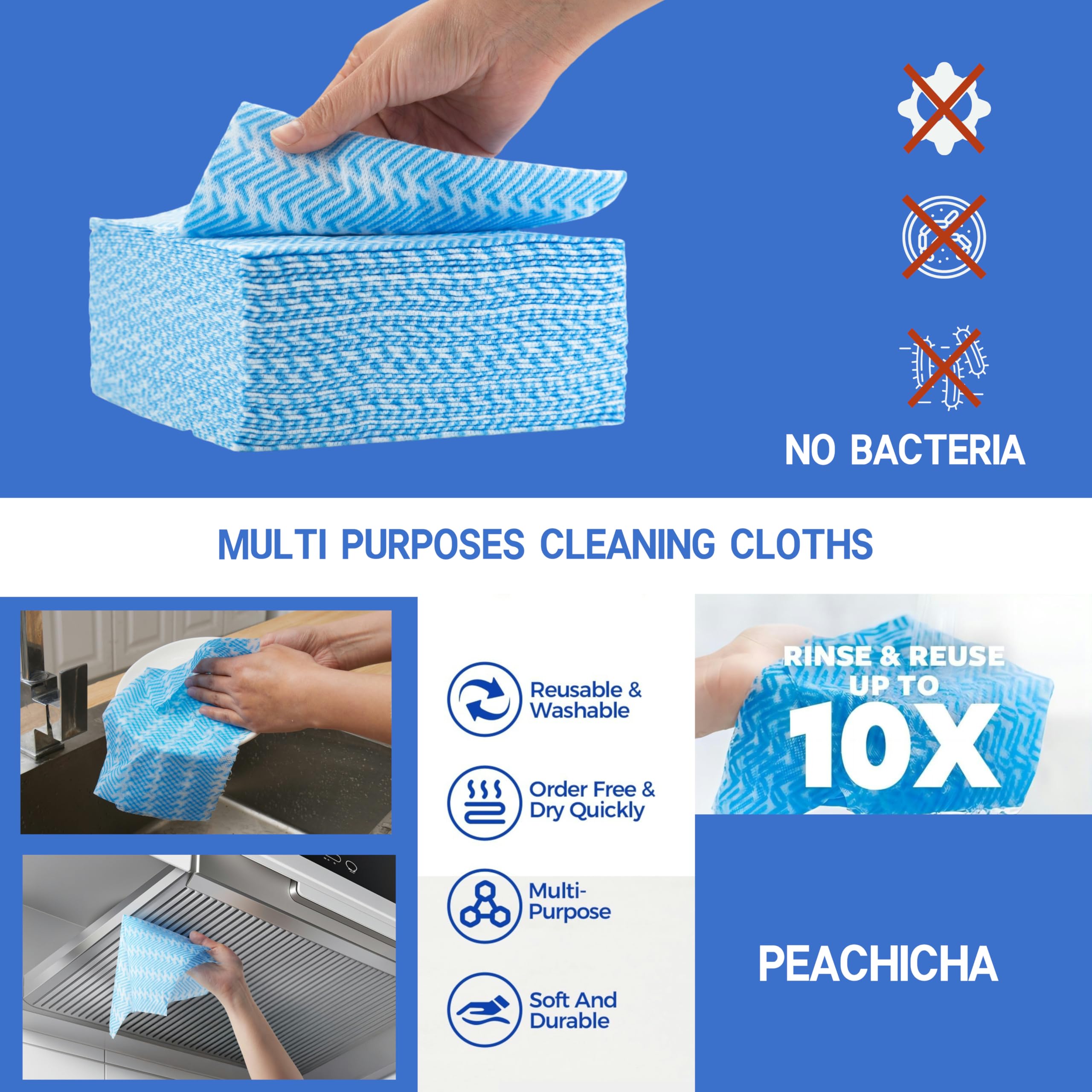 Peachicha Disposable Cleaning Cloth Washing Cloth for Kitchen, Multi-use Dish Towels, Disposable Dish Cloths, Cleaning Rags,100 Count, Blue