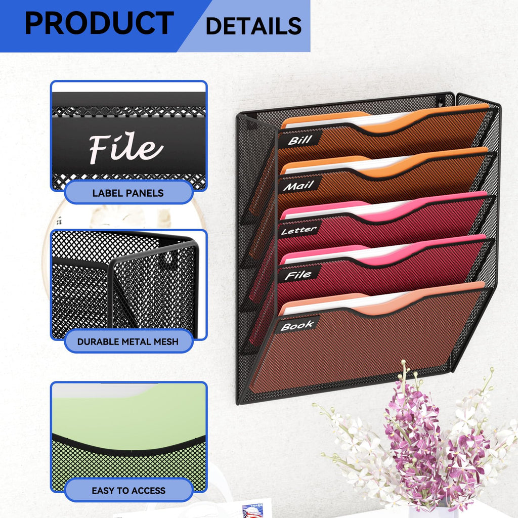 GDINDINFAN 5 Pockets Mesh Hanging Wall File Holder Organizer Wall Mounted Paper Magazine Rack, Black
