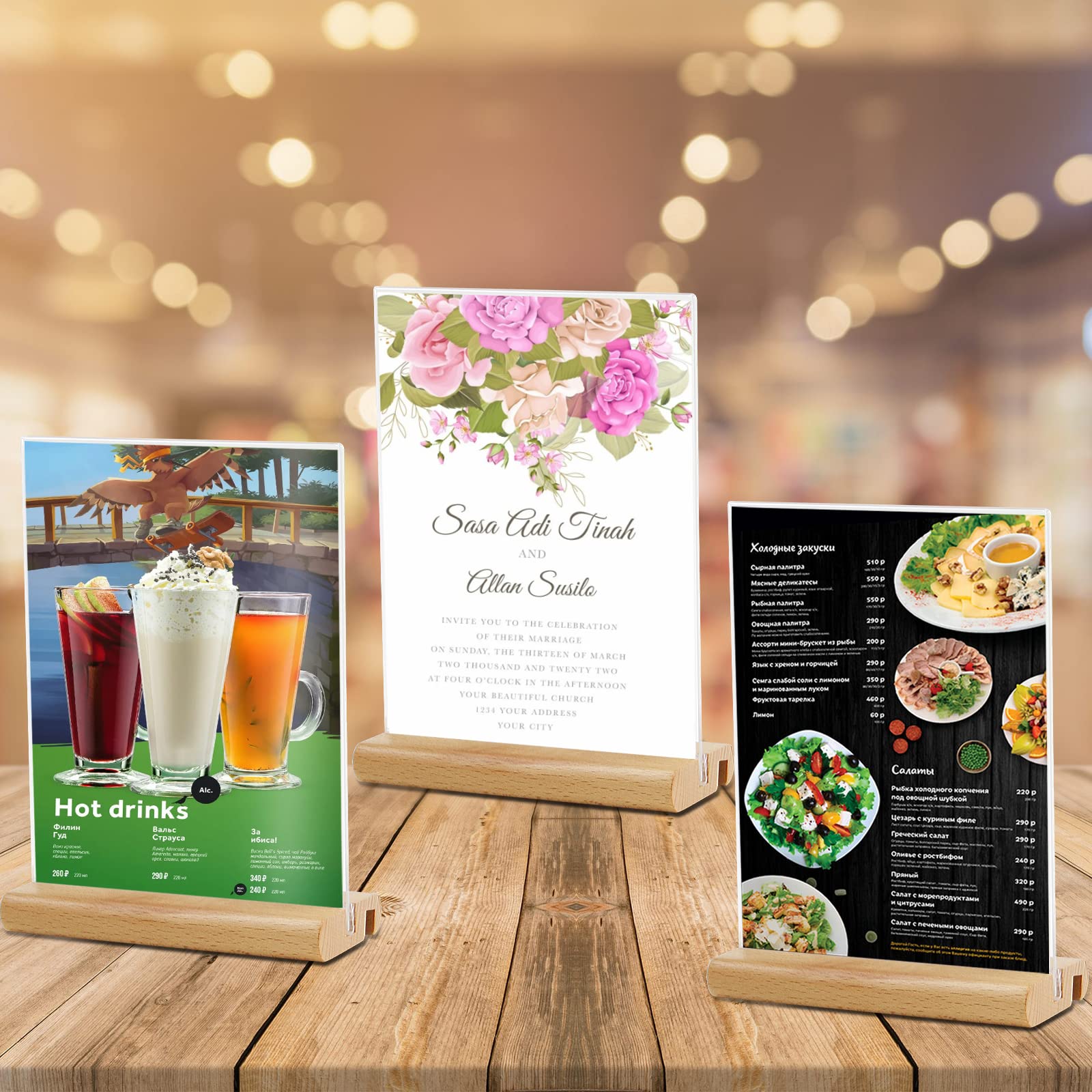 trophable Acrylic Sign Holder, L/T Shape Clear Acrylic Frames Wood Base Table Menu Display Stand for Office School Restaurant (Clear 5x7 inch 3Pack)