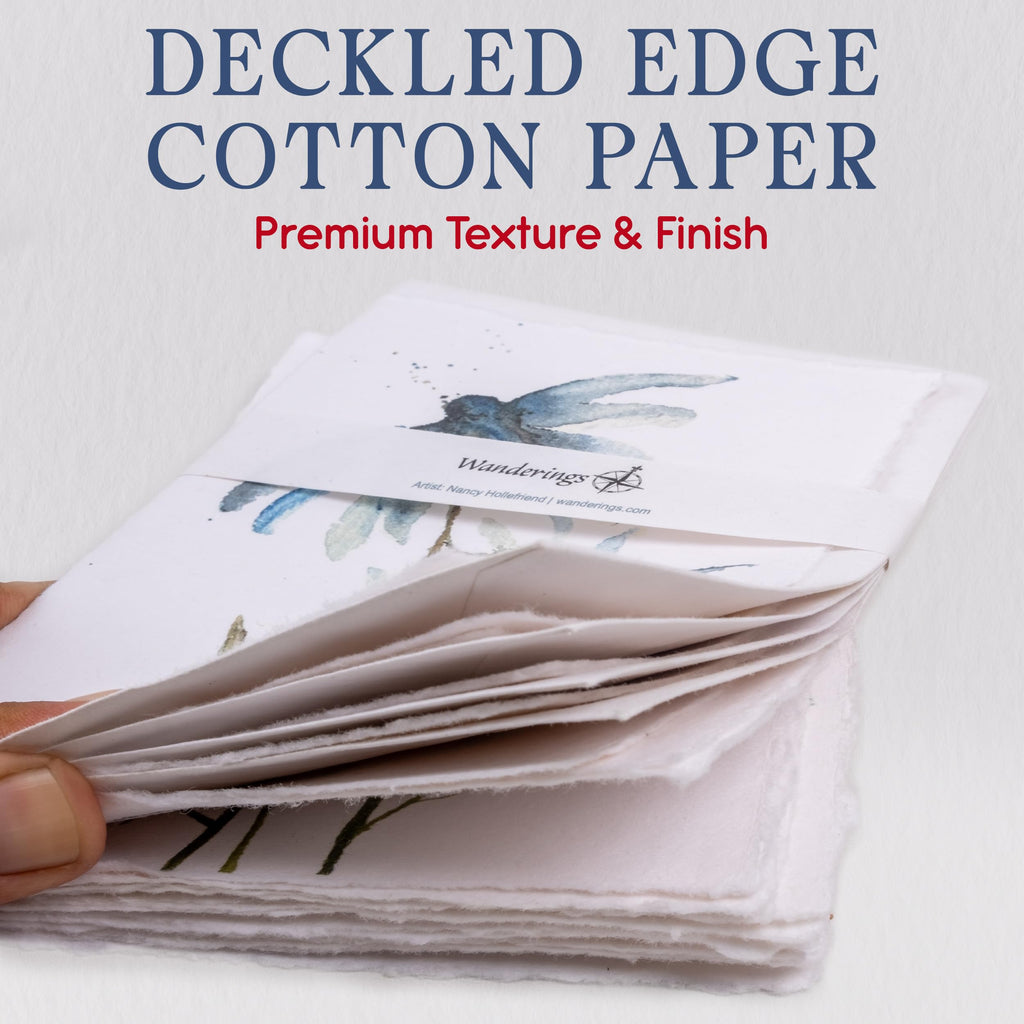 Wanderings Handmade Deckle Edge Blank Greeting Cards & Envelopes with Flower Art - Thick 300gsm paper– 20 Cards (5 Each of 4 Varieties) for Invitations, Thank Yous, Get Well and Birthday Cards –5x7"