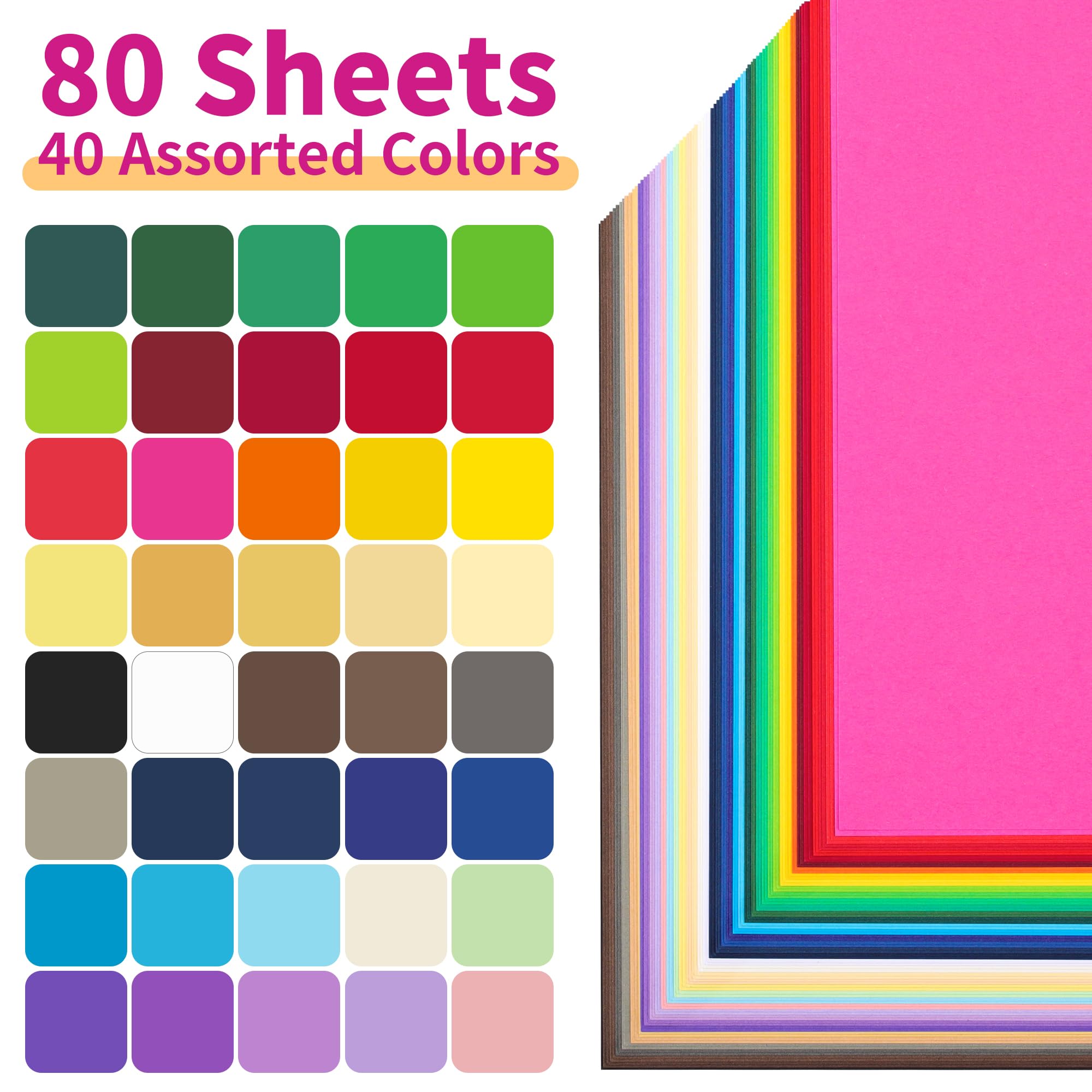 80 Sheets Colored Cardstock - 40 Colors 12x12in Square Card Stock Scrapbook Paper 180gsm/65lb Assorted Colors Construction Paper PAP18MX1
