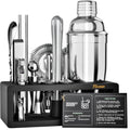 Mixology Bartender Kit with Stand | 15 Piece Bar Tool Set, Silver Bar Set Cocktail Shaker Set for Drink Mixing - Includes Martini Shaker, Jigger, Strainer, Bar Mixer Spoon, Tongs | Gift Idea (Silver)
