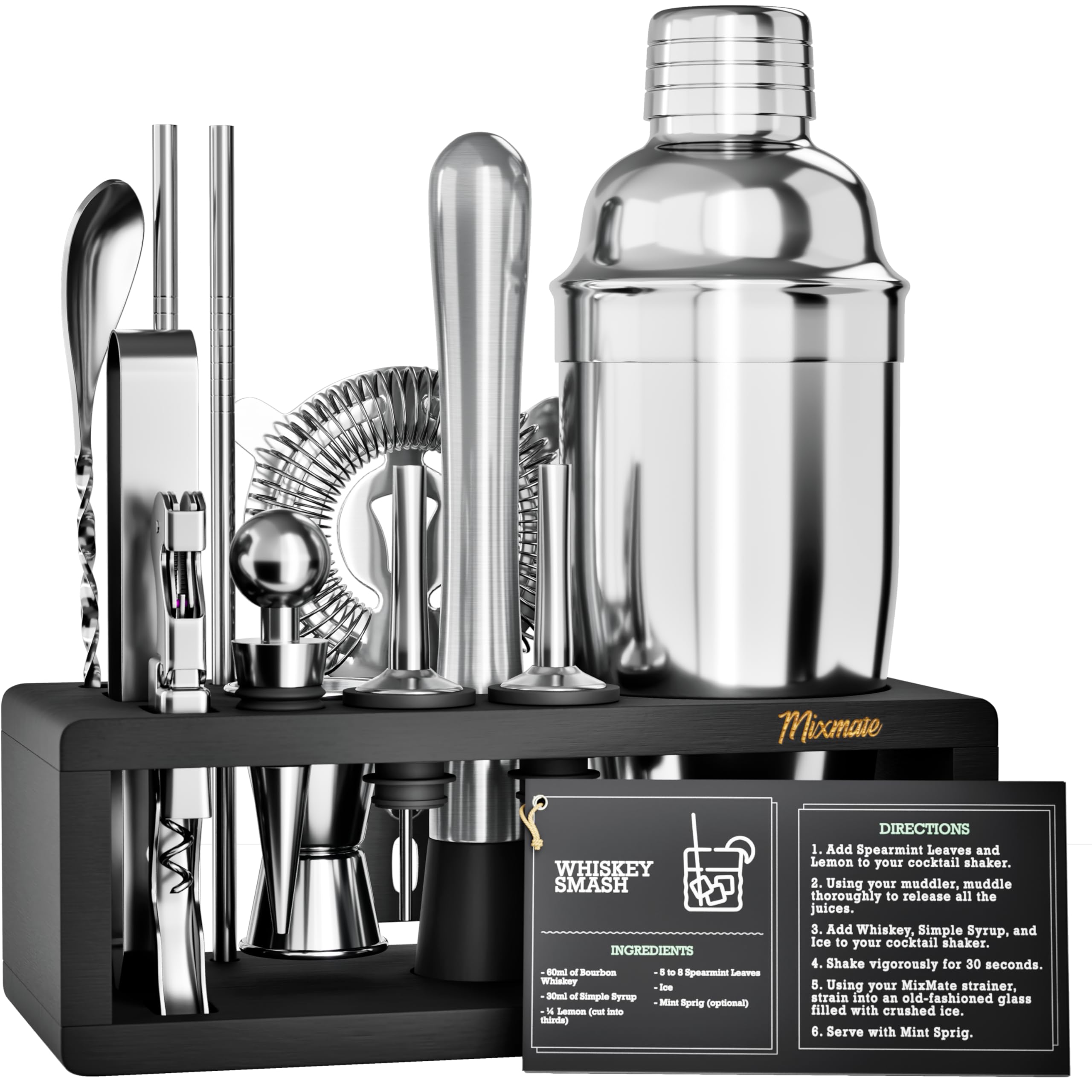 Mixology Bartender Kit with Stand | 15 Piece Bar Tool Set, Silver Bar Set Cocktail Shaker Set for Drink Mixing - Includes Martini Shaker, Jigger, Strainer, Bar Mixer Spoon, Tongs | Gift Idea (Silver)