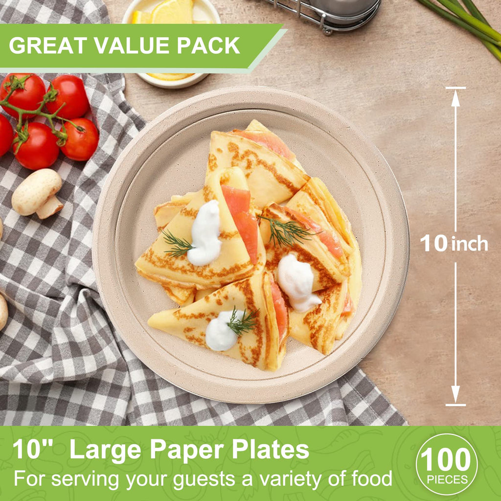 Paper Plates 10 inch, 100 Pack Paper Plates Bulk, 100% Compostable Plates Eco Friendly Disposable Plates, Large Paper Plates Heavy Duty, Brown Paper Plates