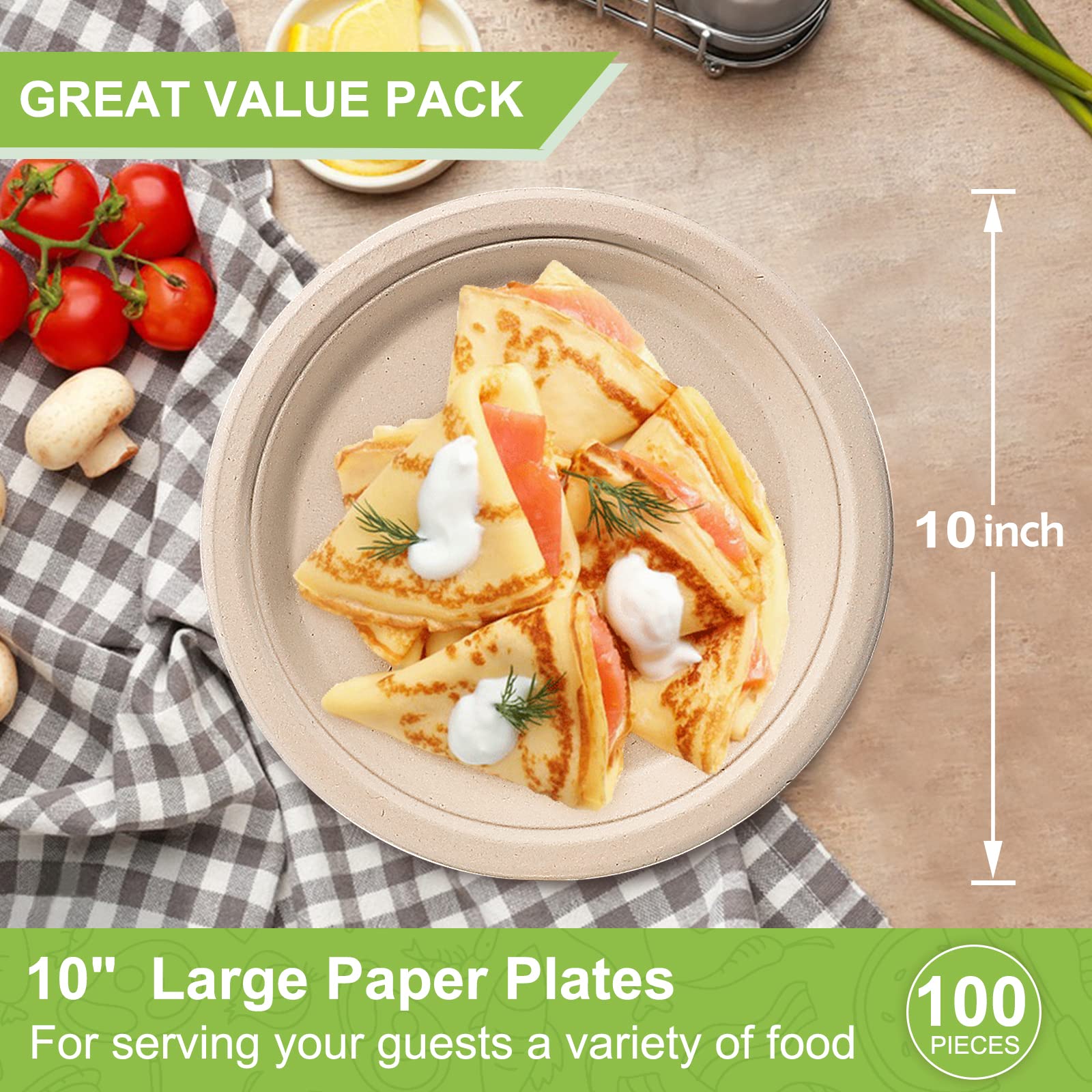 Paper Plates 10 inch, 100 Pack Paper Plates Bulk, 100% Compostable Plates Eco Friendly Disposable Plates, Large Paper Plates Heavy Duty, Brown Paper Plates
