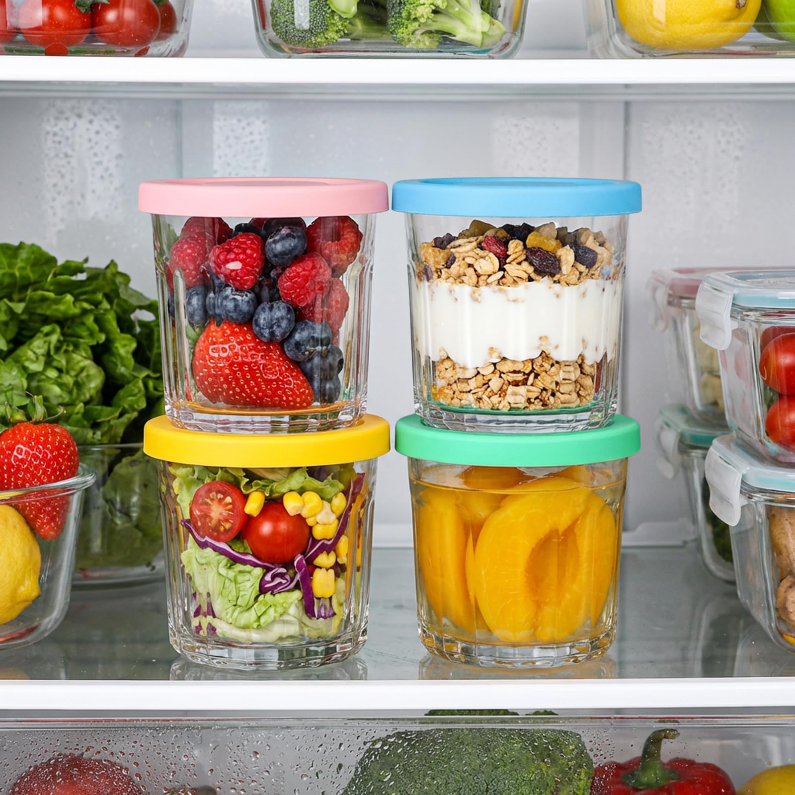 Coloch 4 Pack 13Oz Glass Jar with Leakage Proof Lid, 400ml Clear Storage Jar for Spices, Tea Leaf, Nuts, Overnight Oat Cup All-purpose Glass Drinking Cup for Cooled Tea, Juice, Coffee, Yogurt