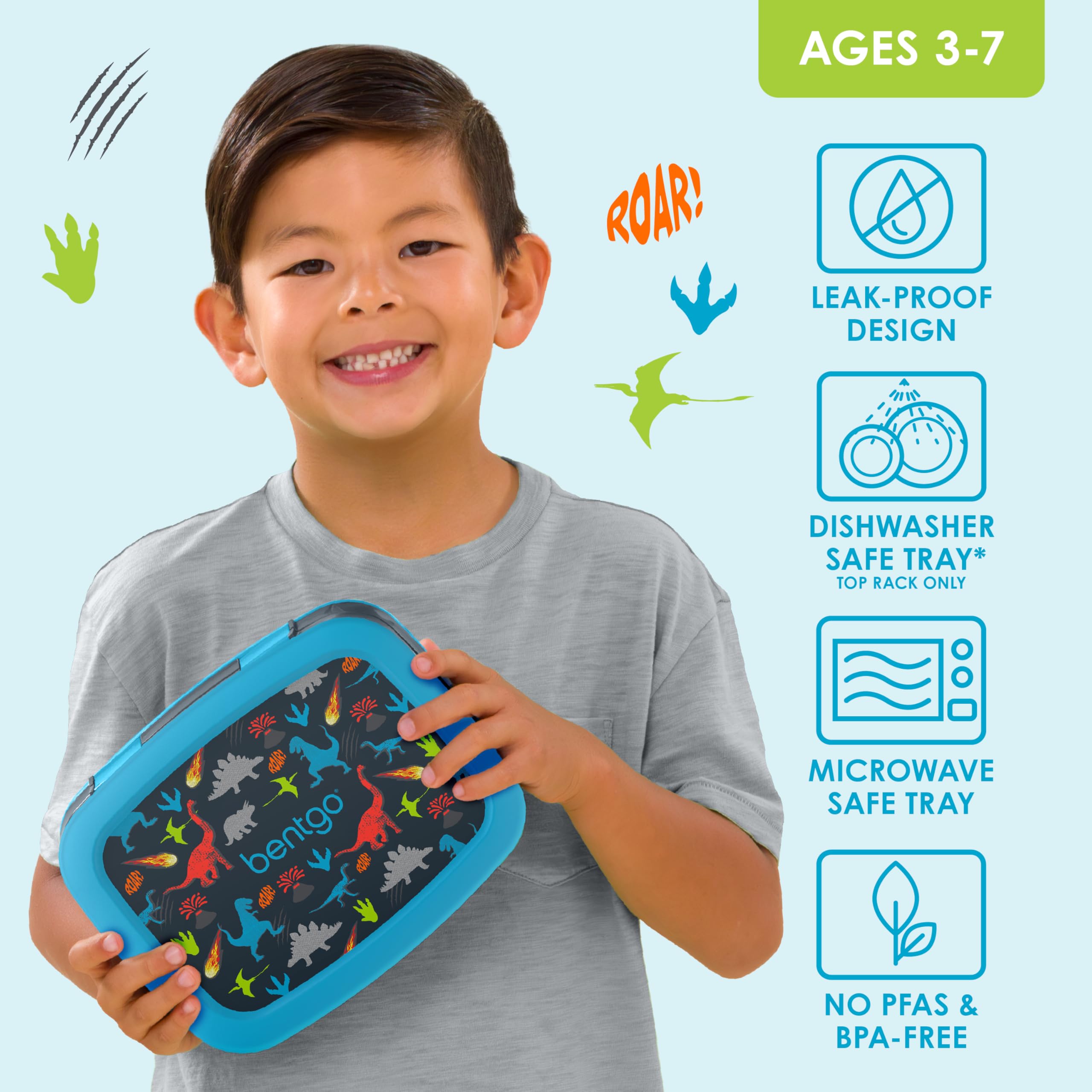 Bentgo Kids Prints Leak-Proof, 5-Compartment Bento-Style Kids Lunch Box - Ideal Portion Sizes for Ages 3 to 7 - BPA-Free, Dishwasher Safe, Food-Safe Materials (Dinosaur)