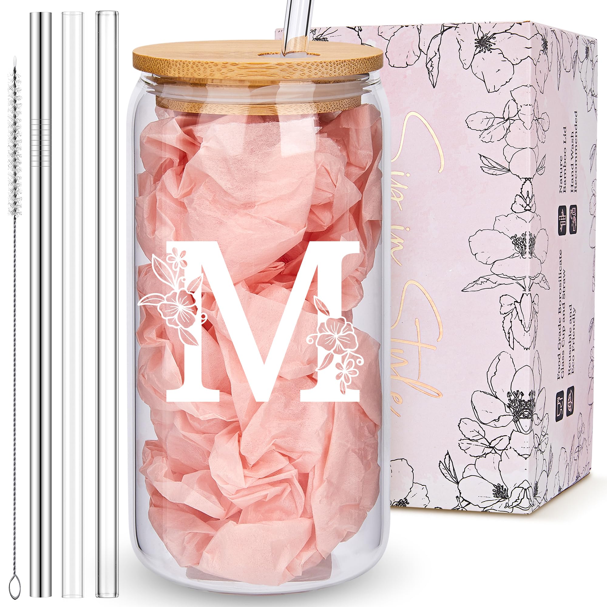 Personalized Customized Gifts for Women, Cute Monogrammed Glass Cups with Lids and Straws, Initial Iced Coffee Cup Drinking Glasses, Custom Letter Mug Tumbler, Birthday Christmas Gifts for Her Mom, M