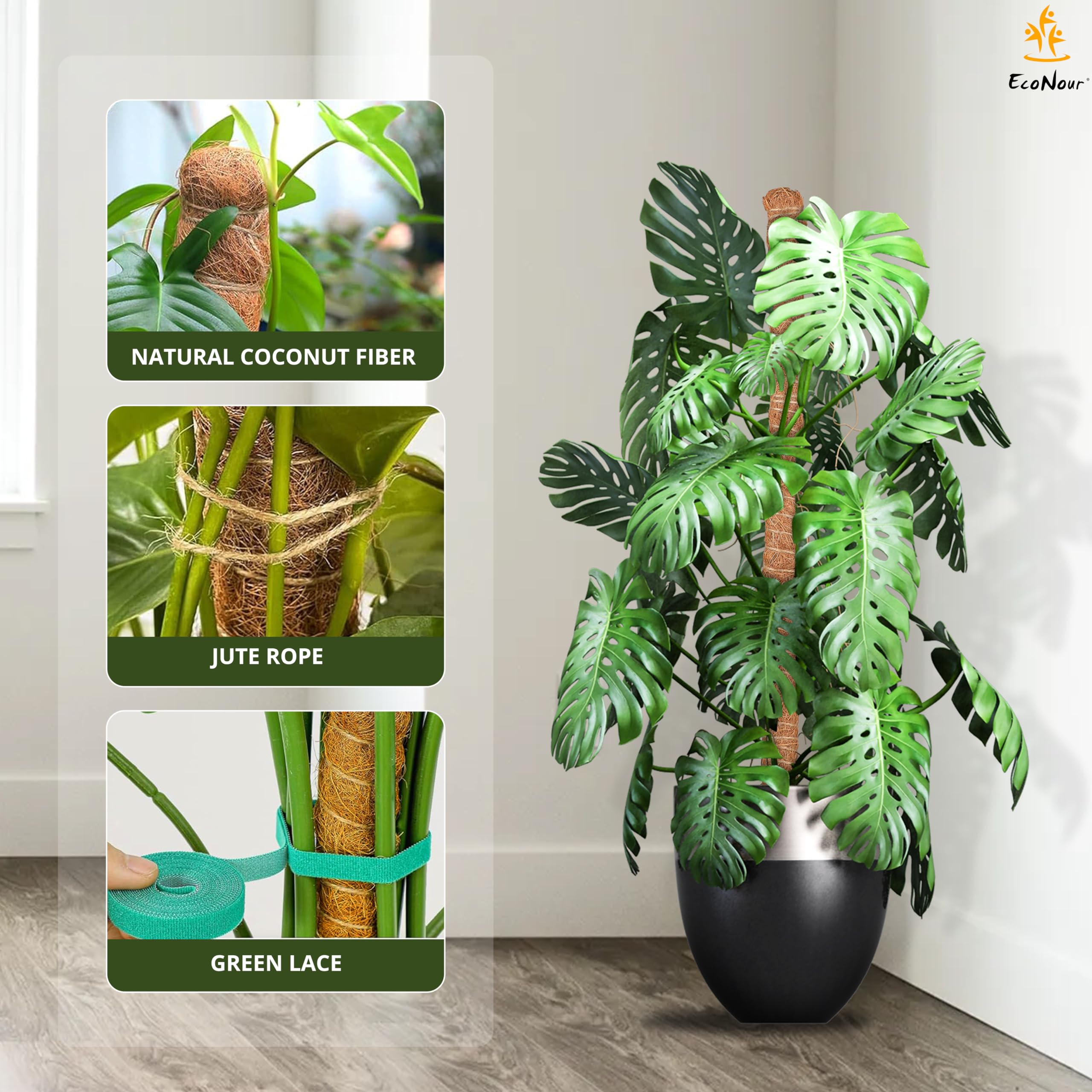 EcoNour 48 inches Moss Pole - Monstera Plant Support Sticks - Coco Coir Plant Support Stakes for Small Potted Climbing Plants - Elevate Indoor Potted Plants to Grow Upwards