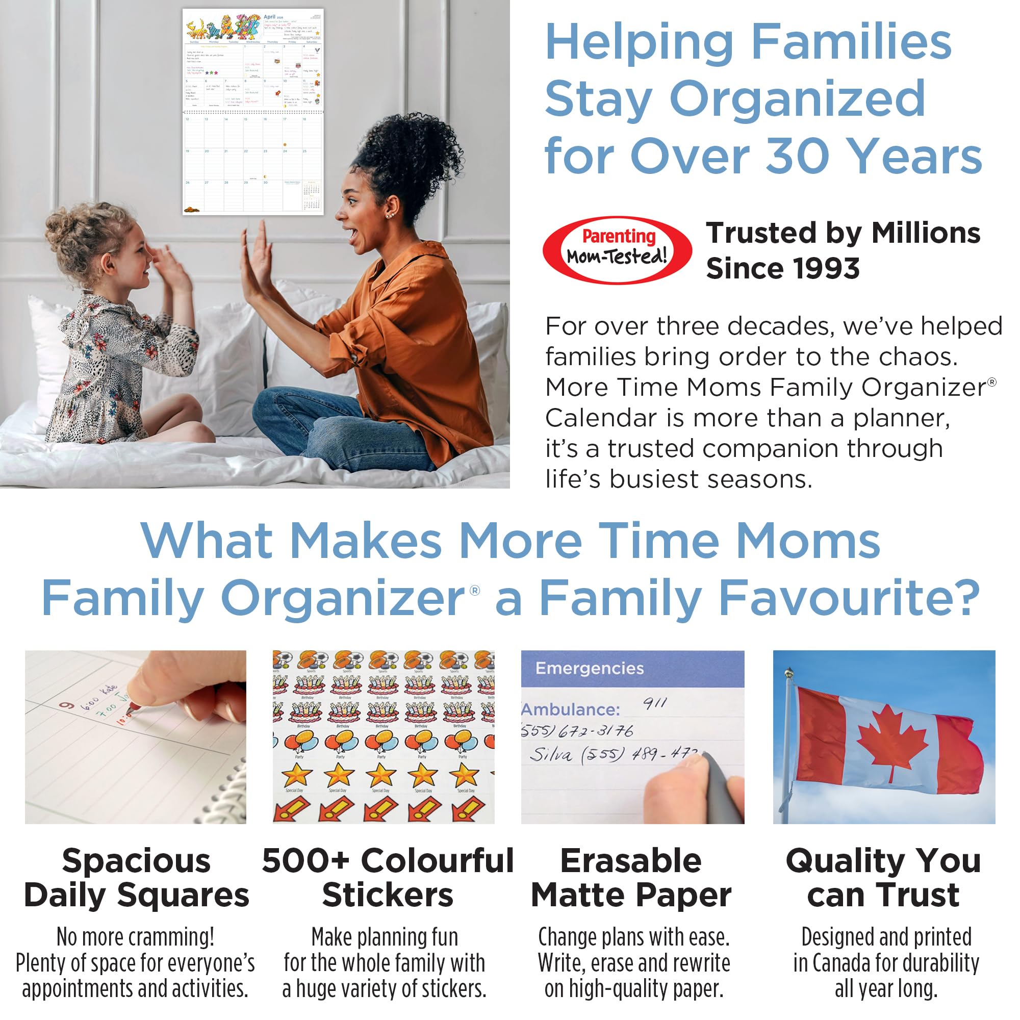 More Time Moms Family Organizer & Calendar, 2026 (15x22 Inches) - September 2025 to December 2026 - Larger & More Space for in-Depth Planning - Includes Over 500 Stickers, 16 Months, & Much More