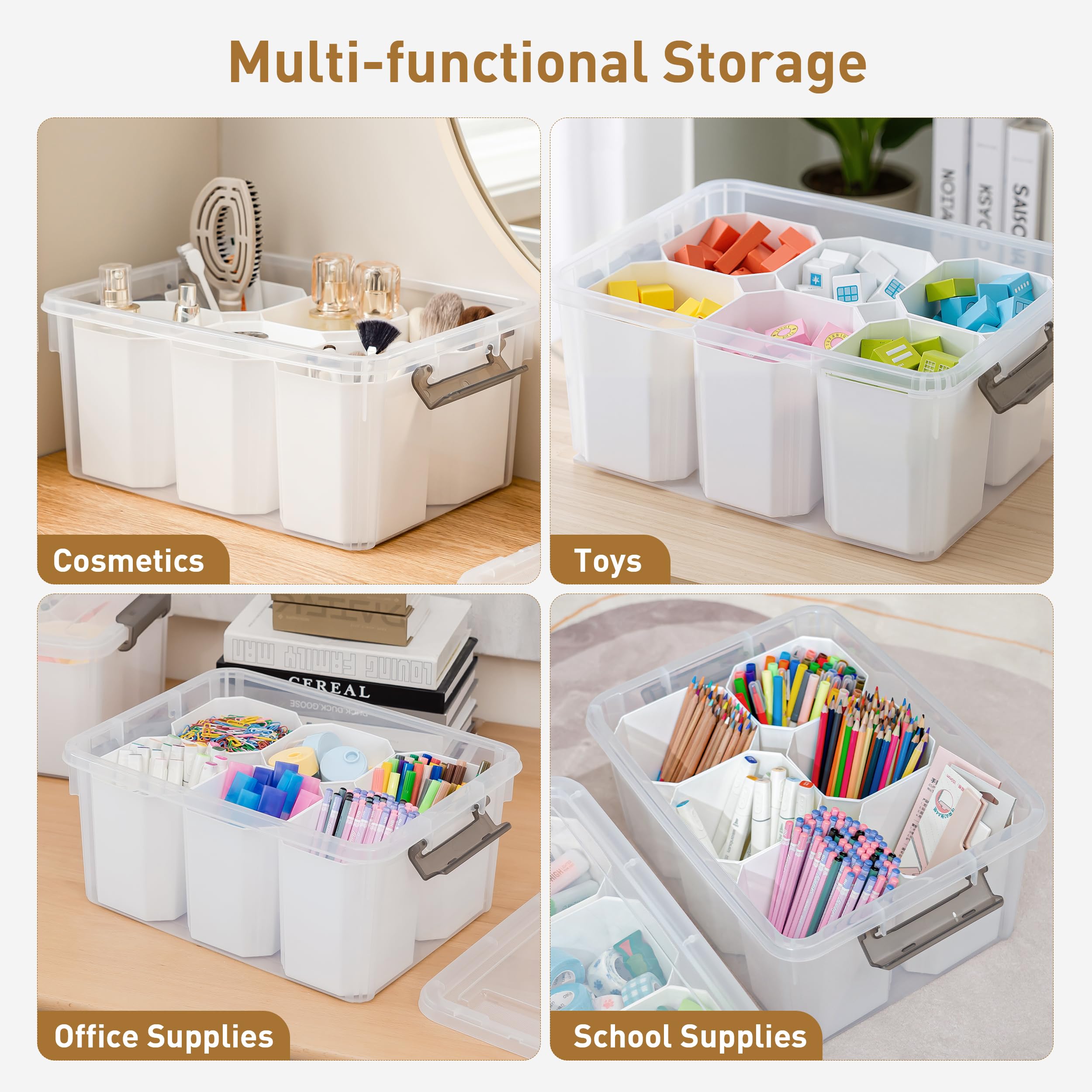 Citylife 17 QT Plastic Storage Bins with 6 Detachable Inserts Clear Storage Box with Lids Multipurpose Stackable Storage Containers for Organizing Crayon, Tool, Craft