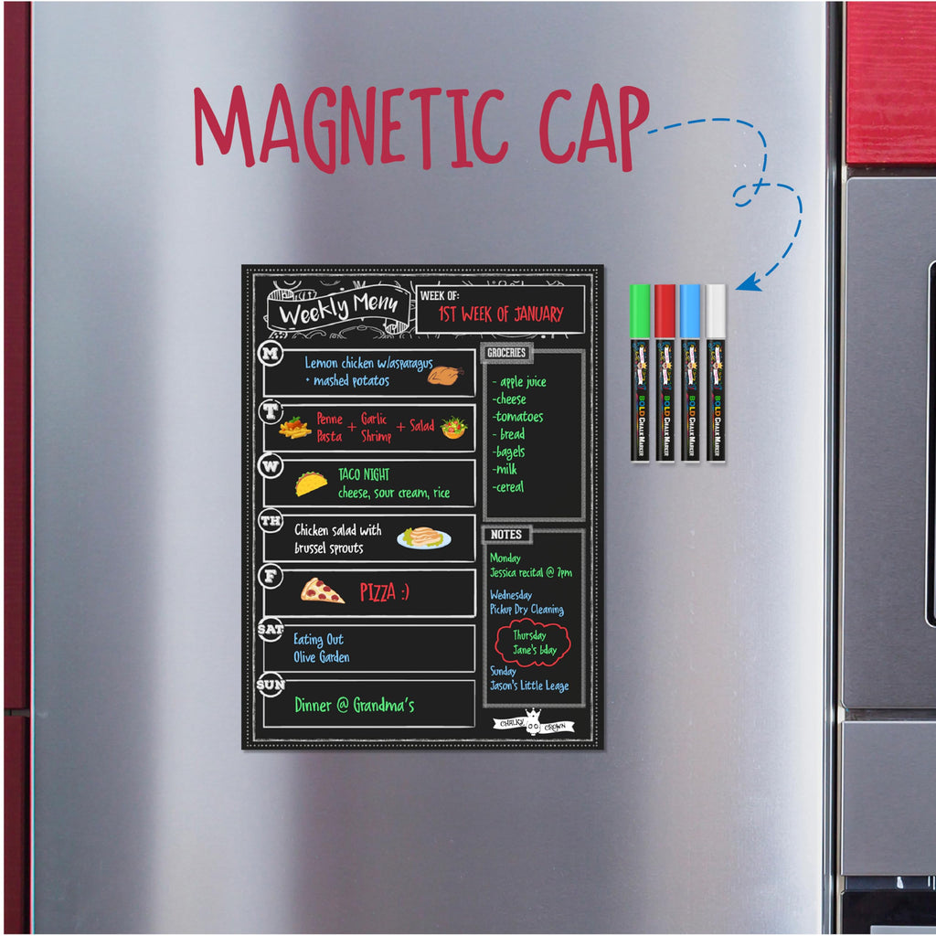 Magnetic Dry Erase Menu Board for Fridge Includes 4 Liquid Chalk Markers - Weekly Meal Planner Blackboard, Grocery List and Notepad for Kitchen Refrigerator - Chalkboard Magnet