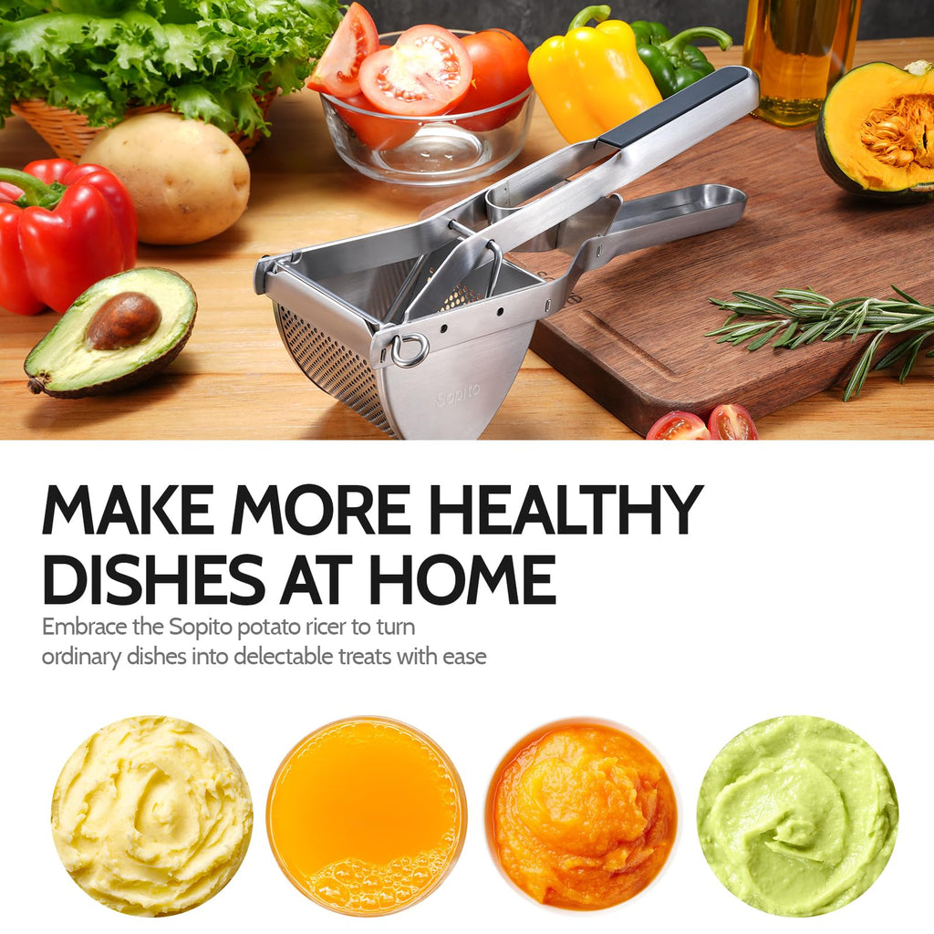 Potato Ricer, Sopito Stainless Steel Potato Masher for Commercial and Home Use Black
